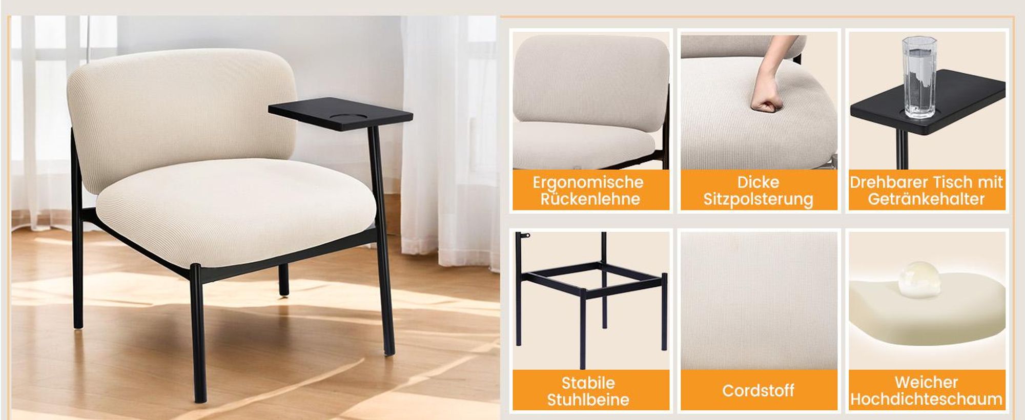 COMHOMA Loungesessel Sessel Relaxsessel Ohrensessel modern, Polsterstuhl mit Metallbeinen, Einzelsofa für Wohnzimmer/Schlafzimmer/Garten, Beige