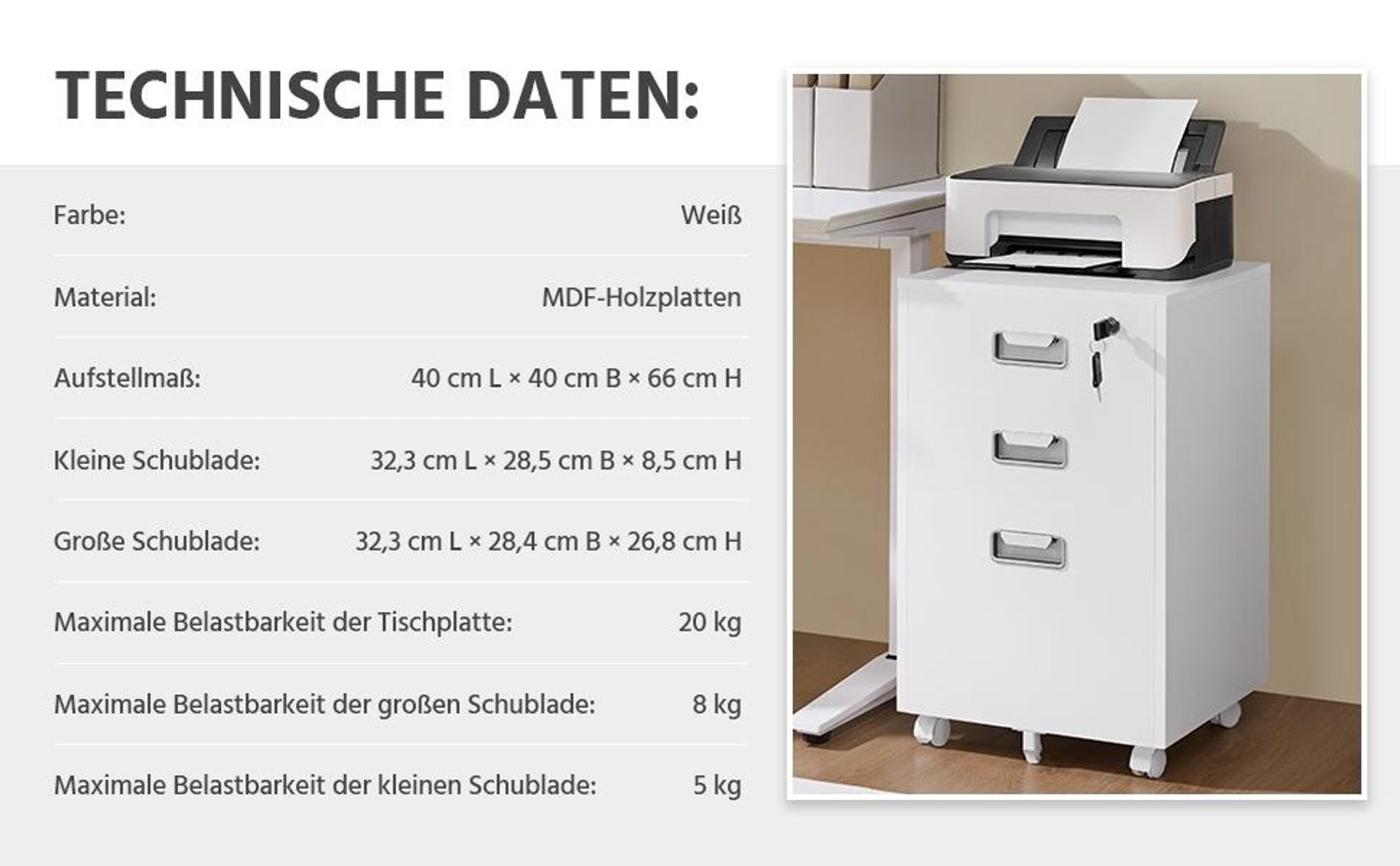 Yaheetech Mobiler Aktenschrank Rollcontainer mit 3 Schubladen und Hängeregistratur Büroschrank, Weiß