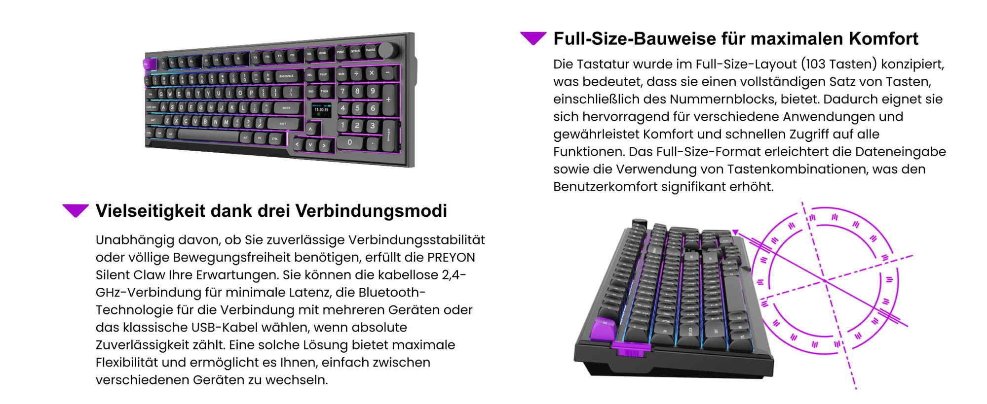 PREYON Silent Claw Gaming Tastatur Kabellos Mechanisch Gateron Red Pro Gasket Mount LCD Display RGB Full Size PBT Keycaps PC Tastatur Wireless TKL