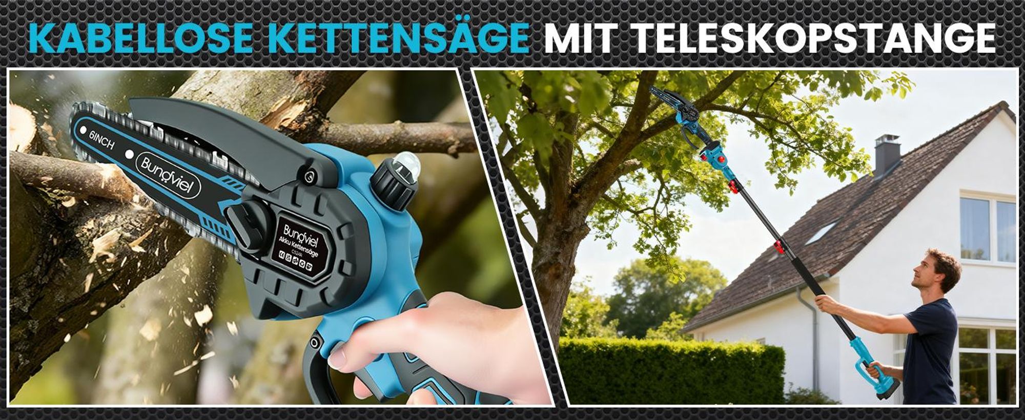 Akku Hochentaster 4-in-1 Bürstenloser Elektro Teleskop Hochentaster Astsäge Gartenschere mit 2× Akku, 2m Stangenlänge, Kompakte Hochentaster zum Baum