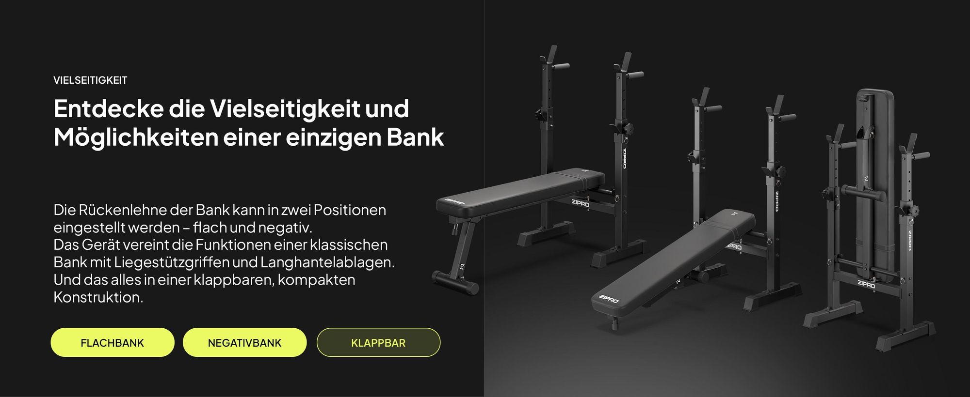 Zipro Hantelbank mit Langhantelablage Core – Klappbare Drückerbank für Bankdrücken Flachbank mit Dip-Barren Bis 230kg Belastbar Platzsparende