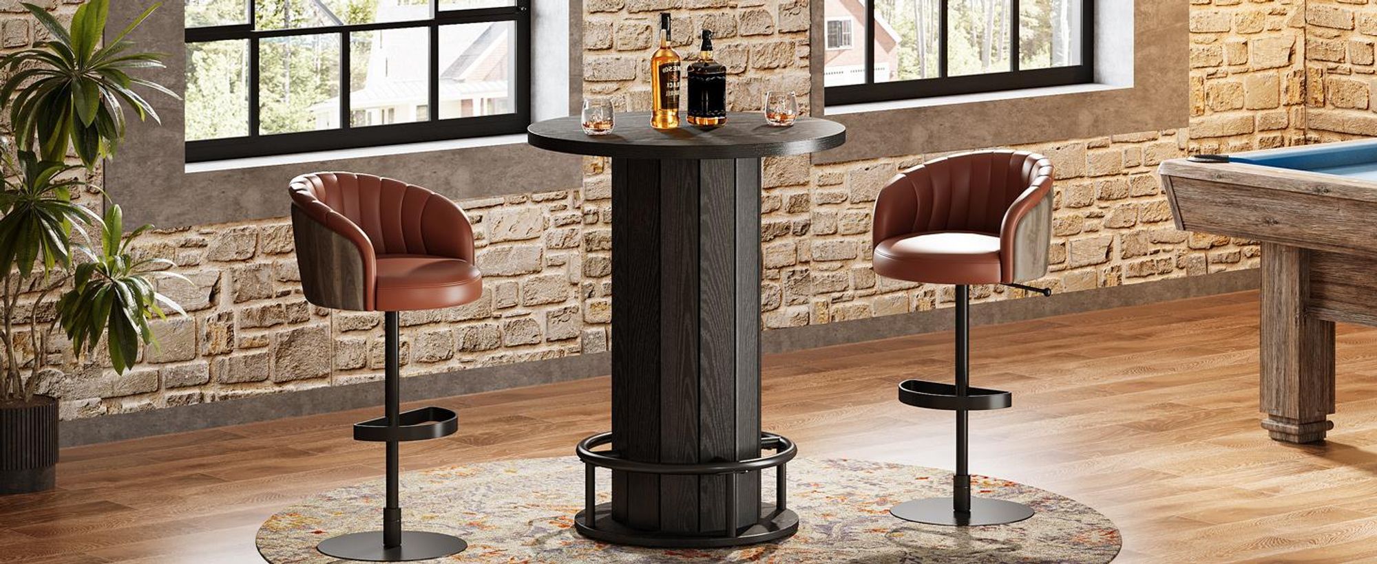 Tribesigns runder Bartisch, 100 cm hoch, Bistrotisch aus Holz mit Metallring-Fußstütze für Essbereich, Kaffeebar, kleine Räume, Schwarz