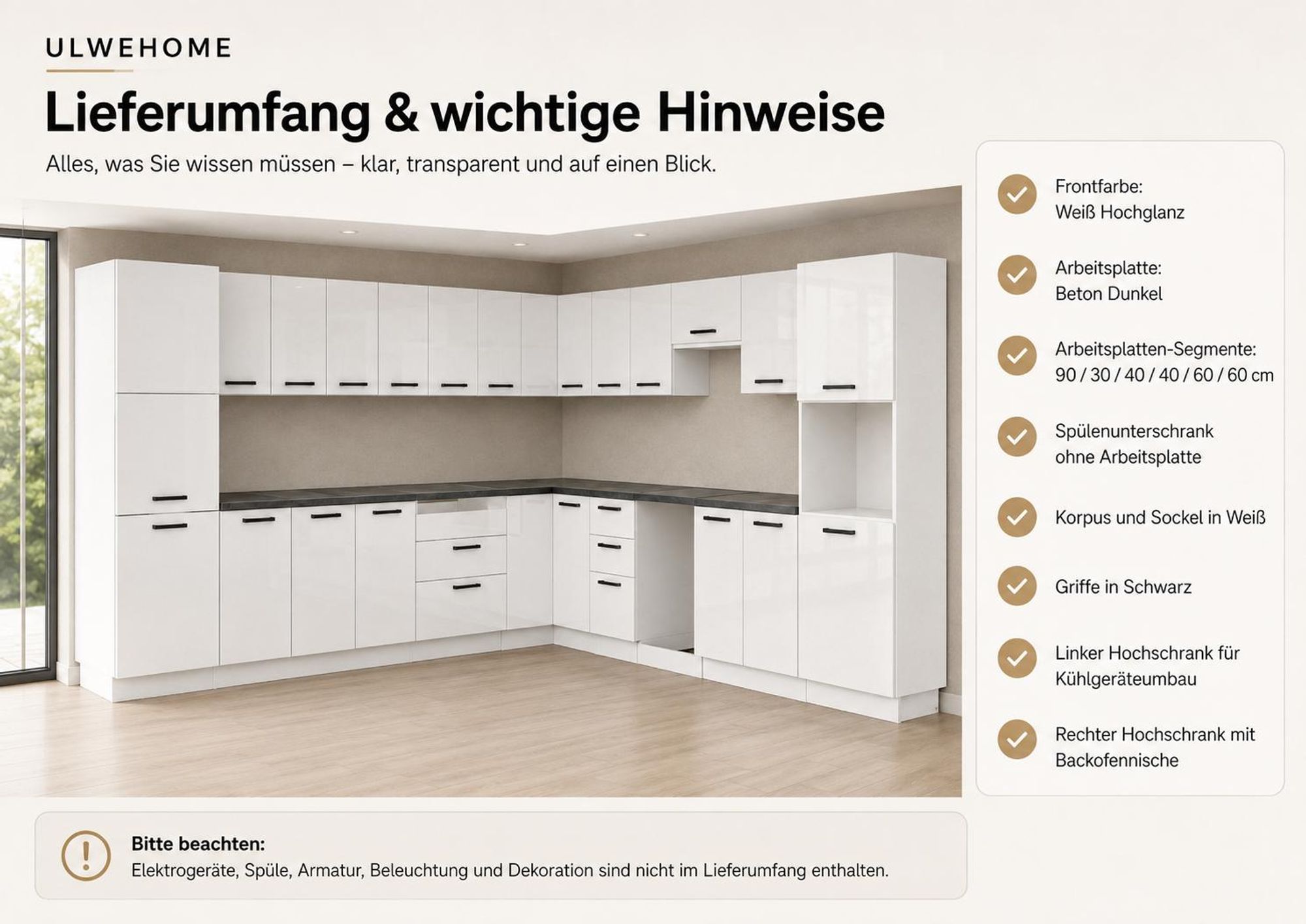 Lieferumfang der weißen Eckküche mit Arbeitsplatten; Elektrogeräte, Spüle und Armatur fehlen.