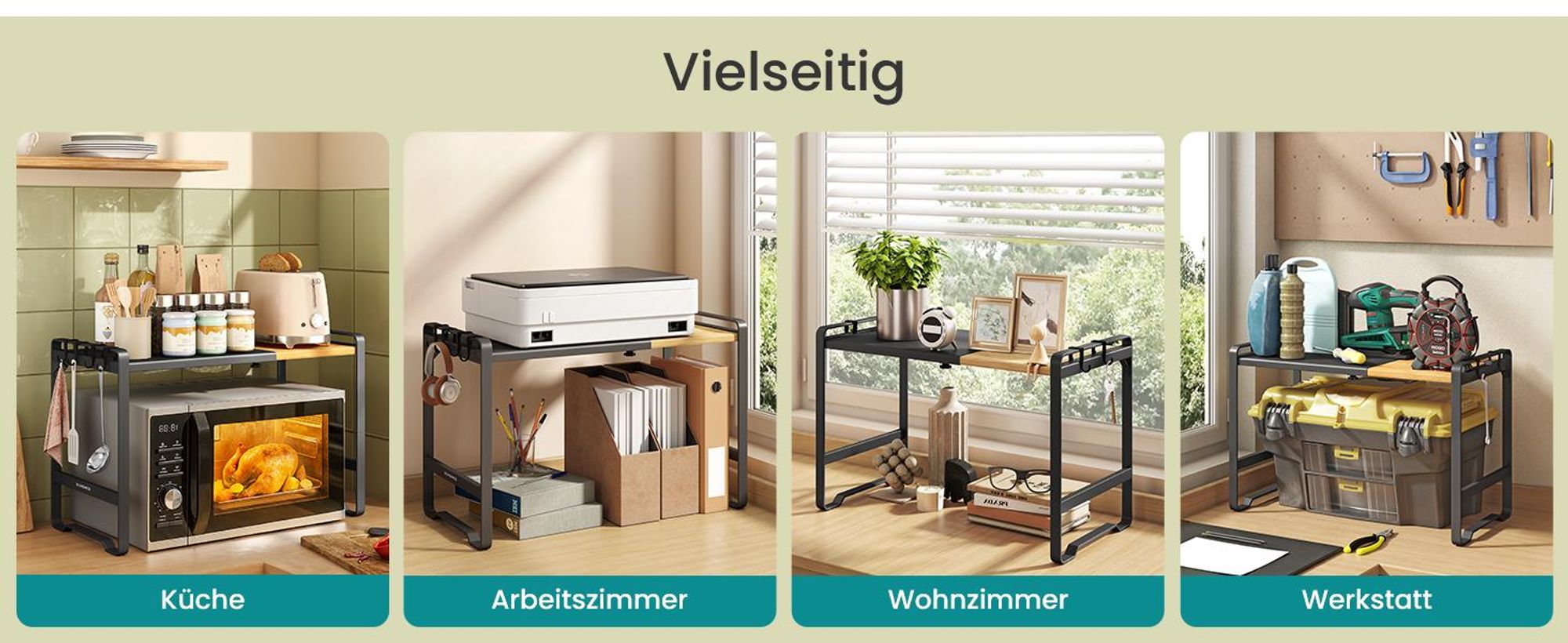 Erweiterbares Mikrowellen-Regal, Mikrowellenständer, 41,5-64 cm verstellbare Breite, Stahl und Bambus, 4 Haken, tintenschwarz-naturbeige