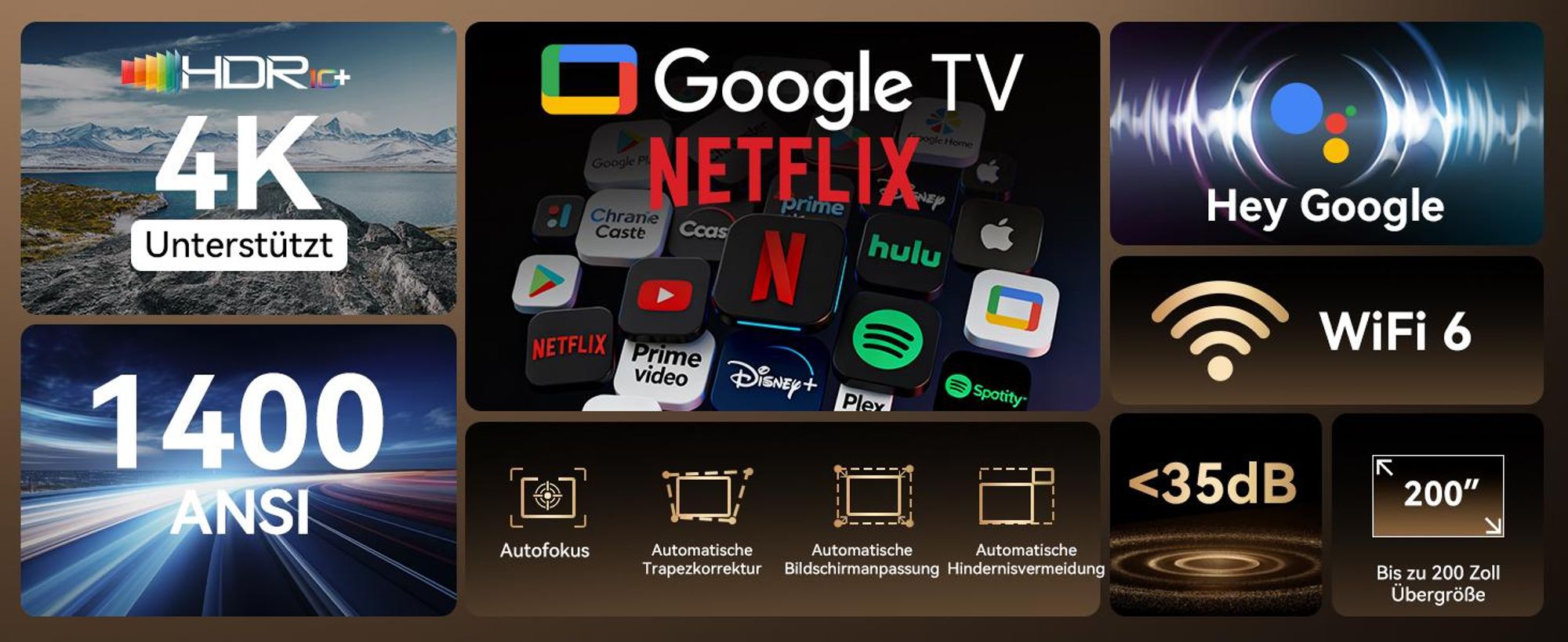 Projecteur OSCAL PV800 PRO, 1 400 lumens ANSI, prise en charge 4K, Google TV, mise au point automatique, Wi-Fi 6, 200 pouces, silencieux (moins de 35 dB)