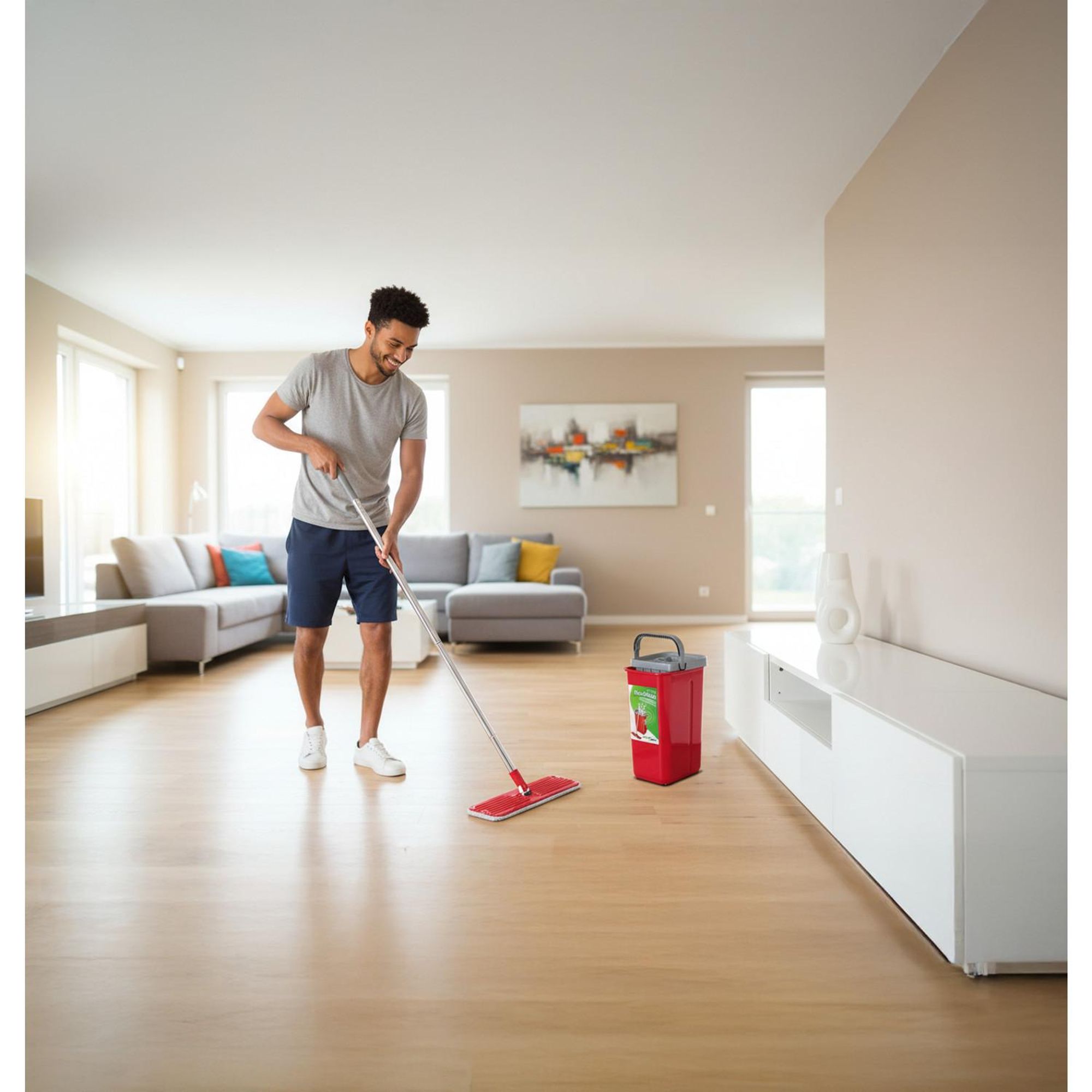MaxiClean Flachmopp Set mit 2 in 1 Putzeimer 5,7L Wischmop Set Bodenwischer Mopp Mop Reinigungssystem 360°