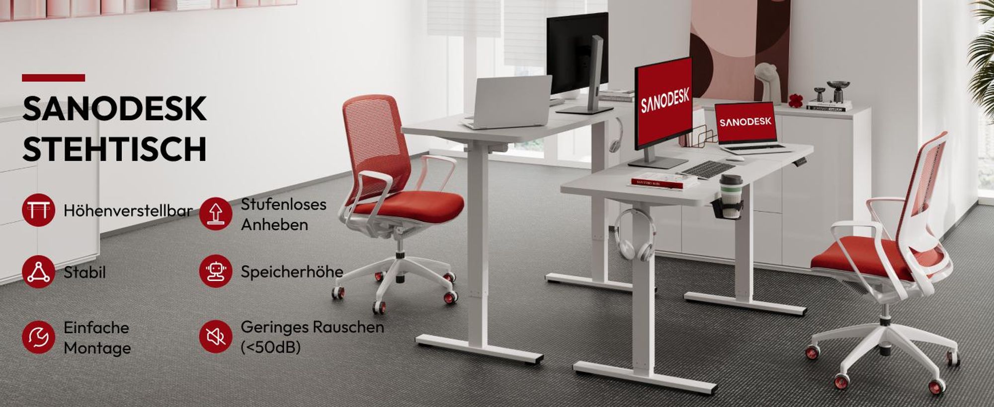 SANODESK Höhenverstellbarer Schreibtisch Upgrade 140×60cm 4 Memory-Funktion Becherhalter, Haken, Kabelmanagement 70kg Tragkraft Kollisionsschutz Weiß