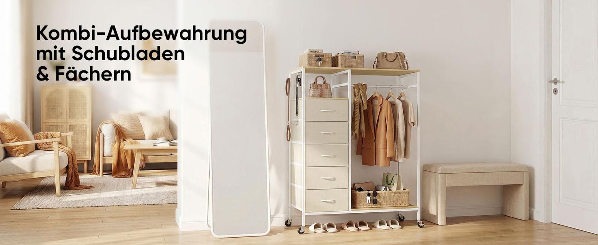 HOKEEPER fahrbarer Kleiderständer mit Schubladen, Haken, Beige, Offener Kleiderschrank, Kleiderstange