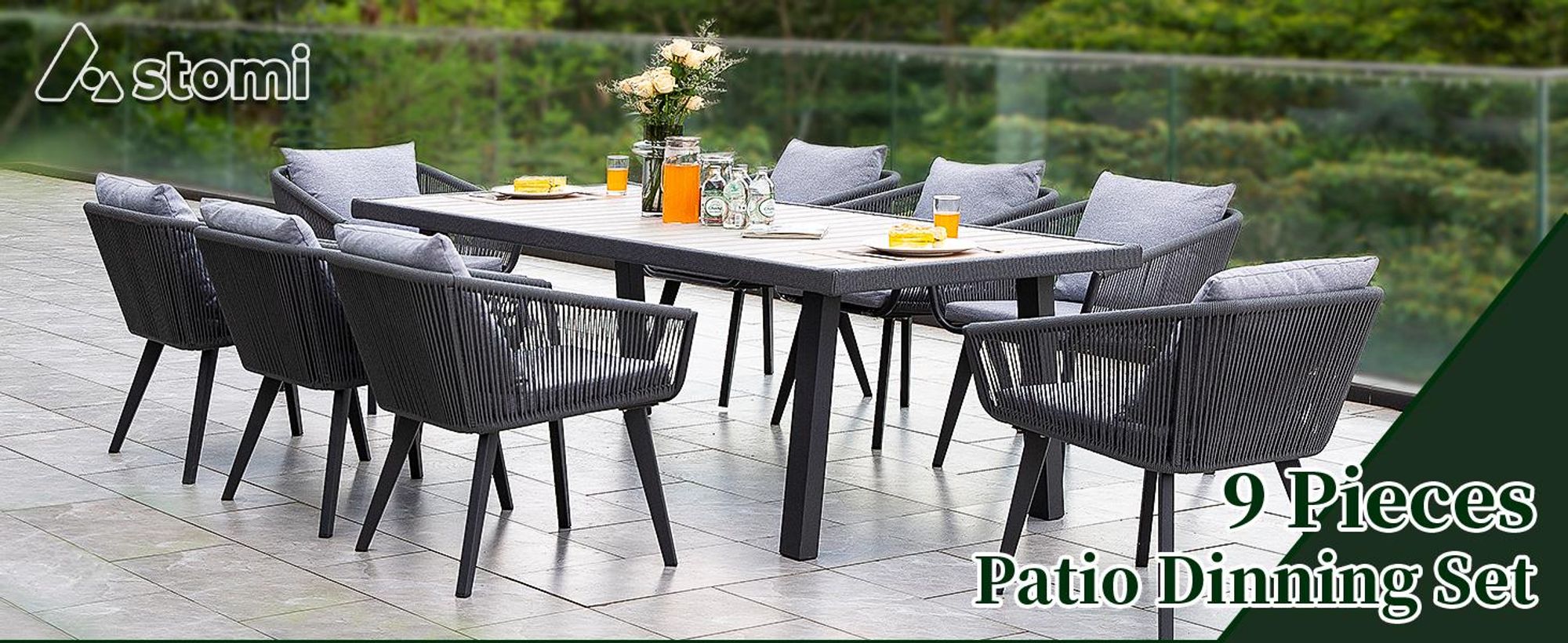 Rainsworth Gartenlounge-Set Rattan Bestehend aus 8 Sesseln und 1 Tisch mit 8 Kissen und 8 Sitzkissen
