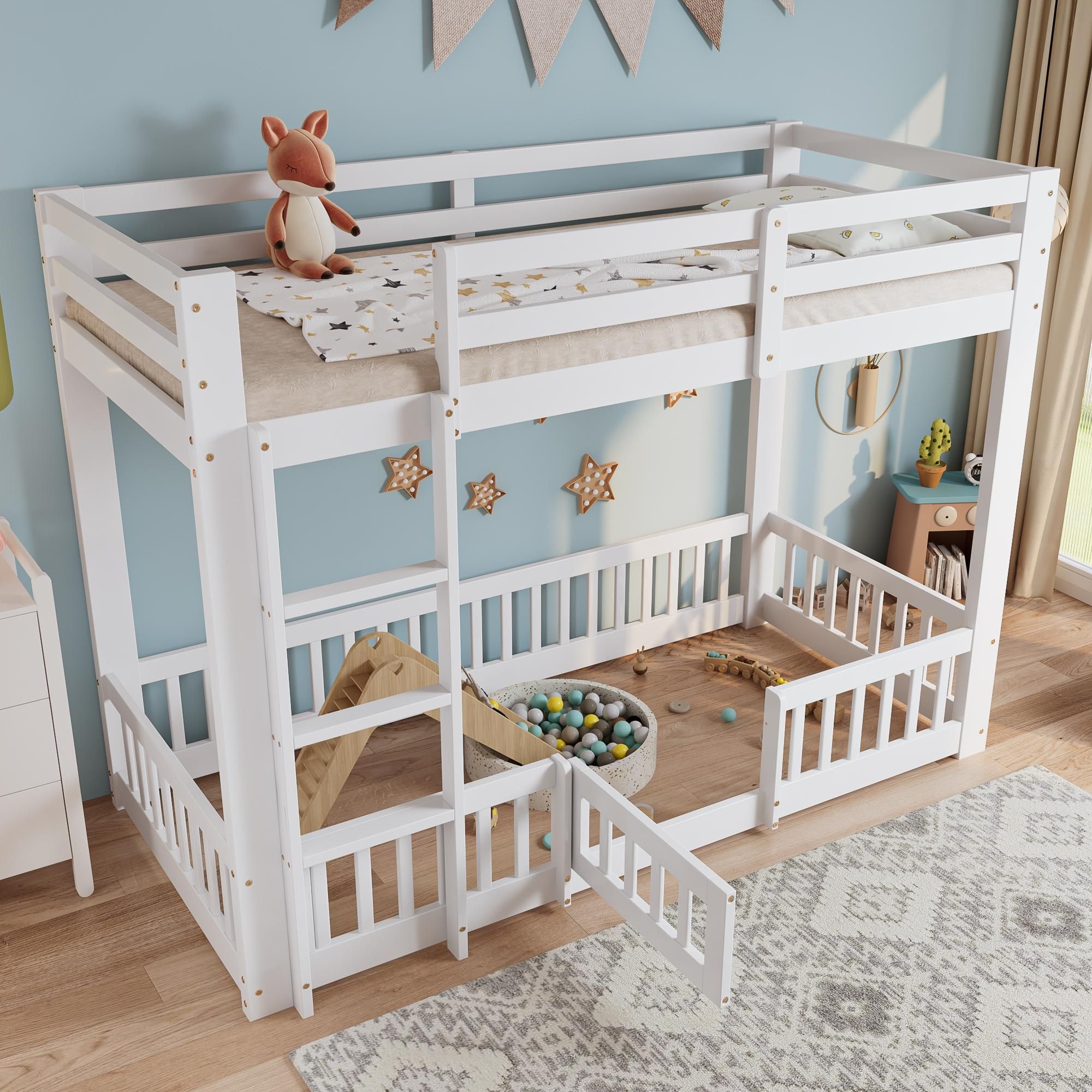 Flieks Etagenbett Kinderbett 90*200cm mit Rausfallschutz, Leiter und Tür, Spielbett Hochbett mit oberem Lattenrost für Kinder