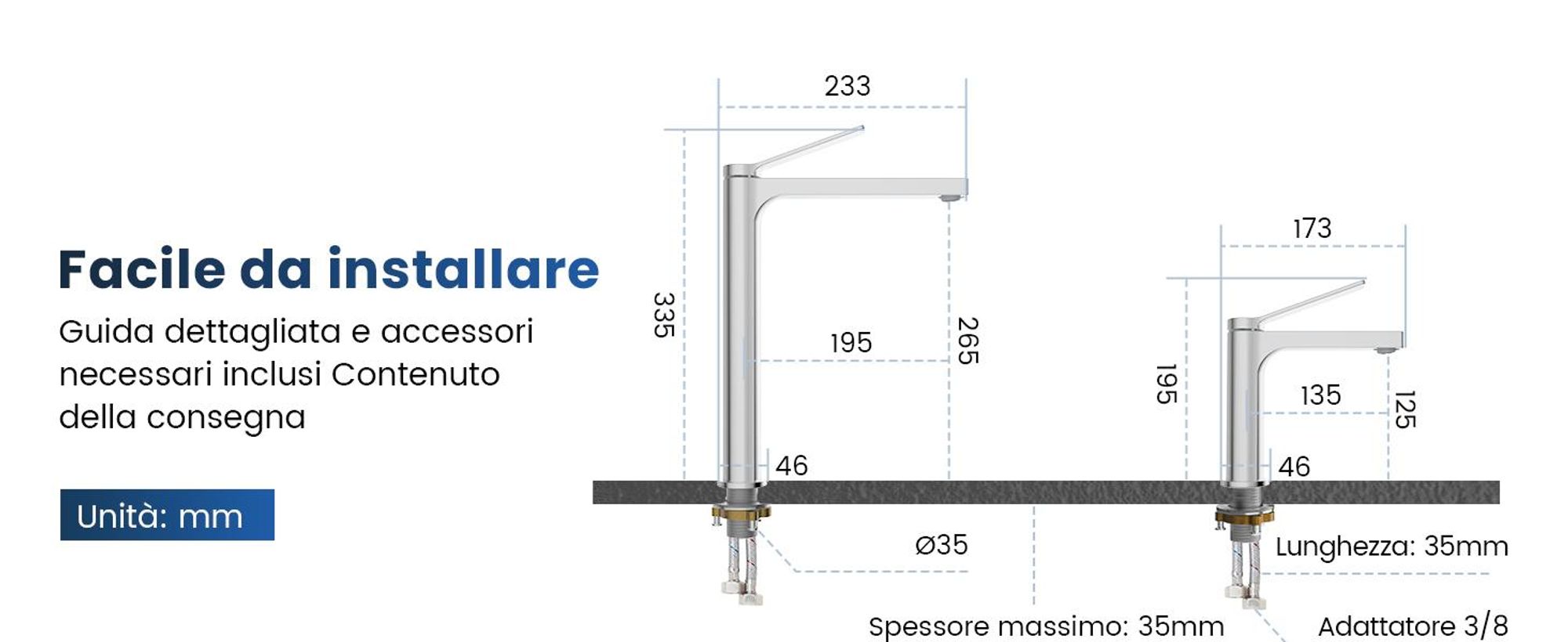 EMKE Rubinetto bagno cromo 335x233x46mm, ottone, cartuccia ceramica, miscelatore bagno, miscelatore lavabo, miscelatore lavabo