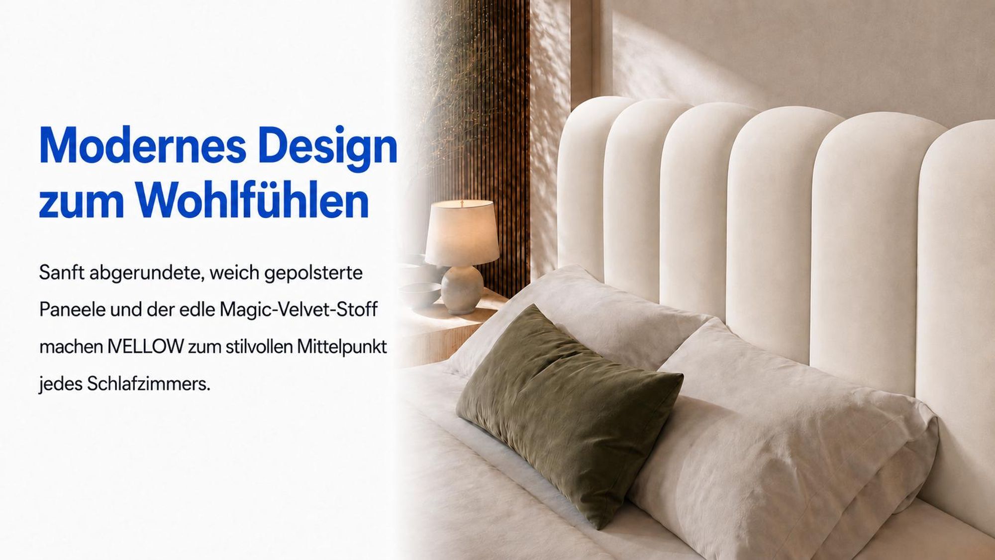Nahaufnahme des gepolsterten Kopfteils von MELLOW aus beigem Magic-Velvet-Stoff