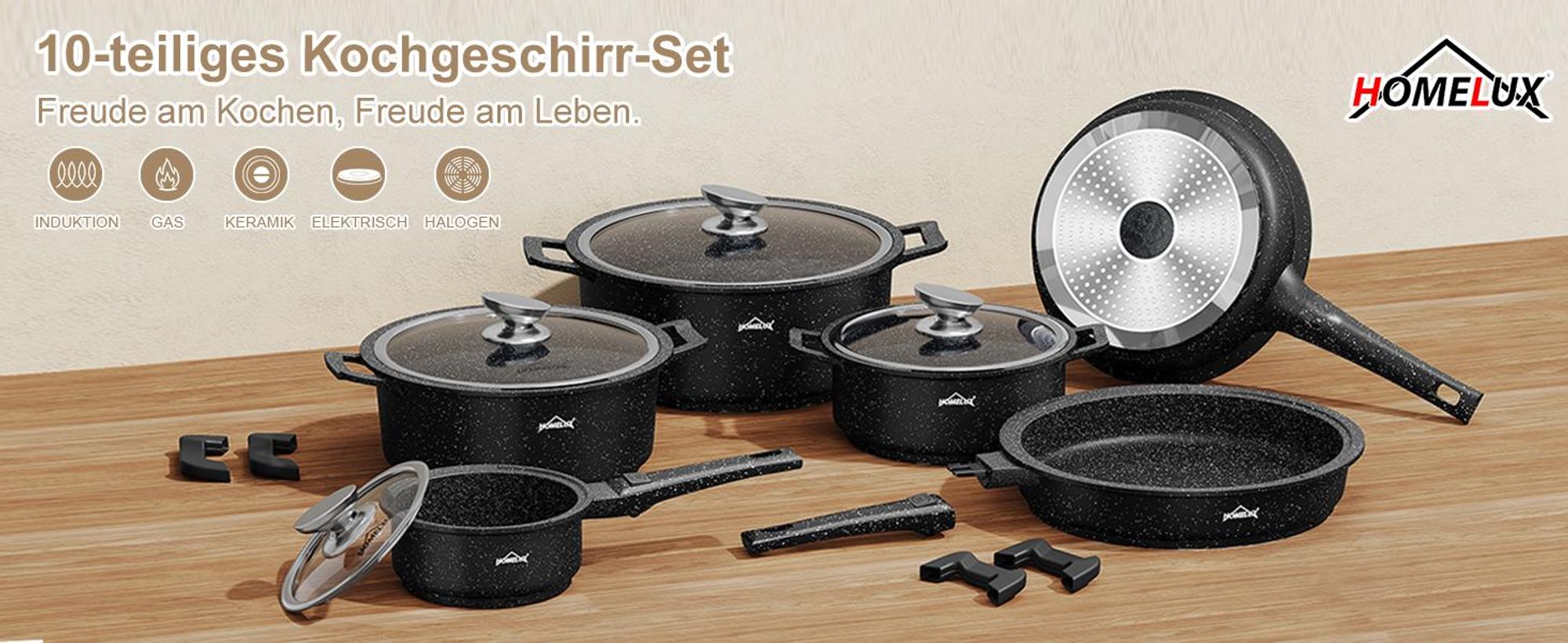 10-TLG Topfset Induktion mit Abnehmbarer Griff,Pfanne 24/28cm,Milchtopf 16cm,Kochtopf 20/24/28cm,Stapelbar für alle Herdarten,Ofenfest,Schwarz