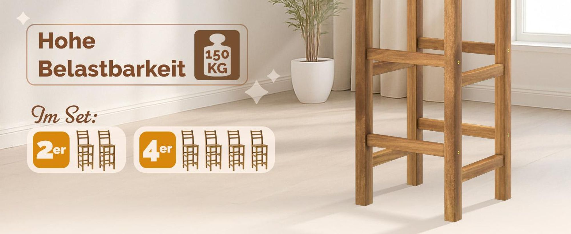 CASARIA® Barhocker 2er Set Holz mit Lehne Outdoor 75cm Sitzhöhe Akazie 150kg Belastbarkeit Fußstütze Massiv Rustikal Garten Küche Bar Stuhl Hocker Braun