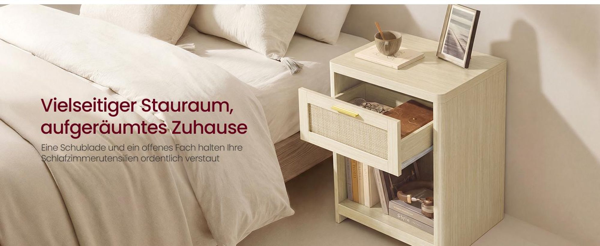 VASAGLE Nachttisch, 2er Set, Boho-Stil, Beistelltisch, mit Schublade in Rattan-Optik, beige