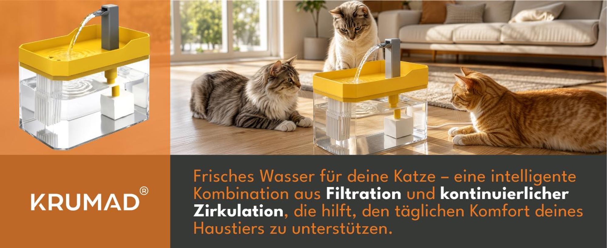 KRUMAD Katzenbrunnen 1,5L, Trinkbrunnen für Katzen, Wasserbrunnen, Haustier-Trinkstation, USB, Kunststoff, transparent/gelb, 16,5 x 11,5 x 12 cm