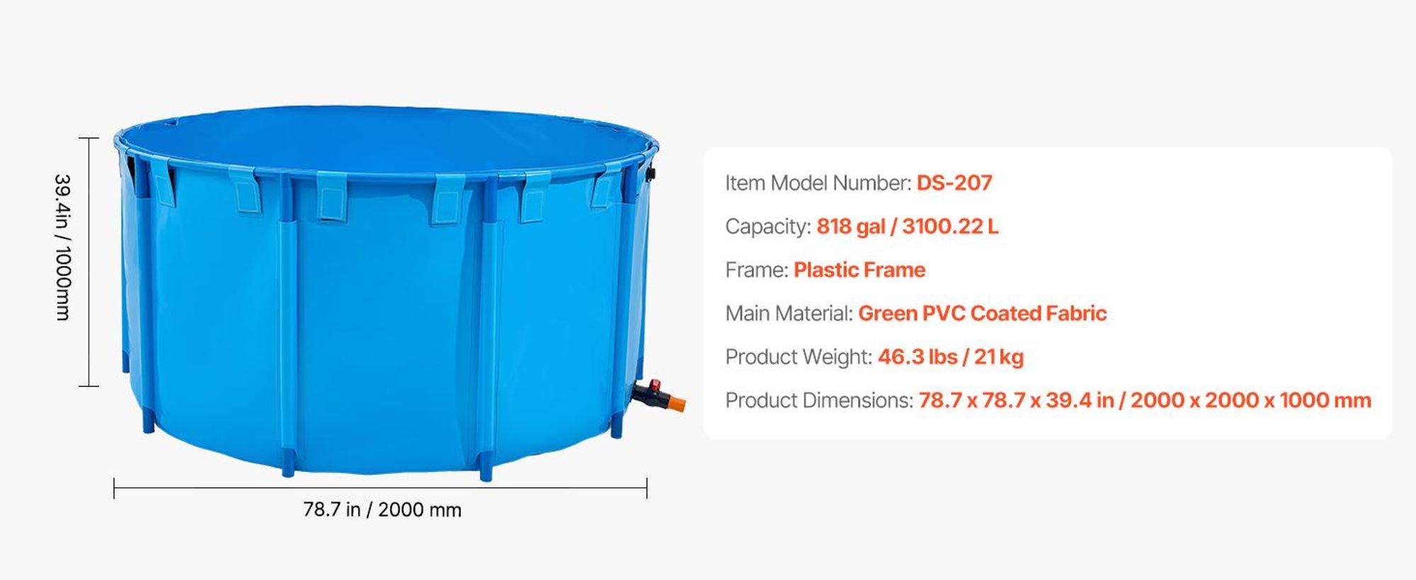VEVOR Canvas Fischteich, 270 Gallonen oberirdischer Fischteich, PVC Koi-Tank mit klarem Sichtfenster, rechteckiger Goldfischtank mit Edelstahlrahmen und Ablassventil, zur Zucht von Koi, Bewässerung (Schwarz), Rund-820 Gallonen