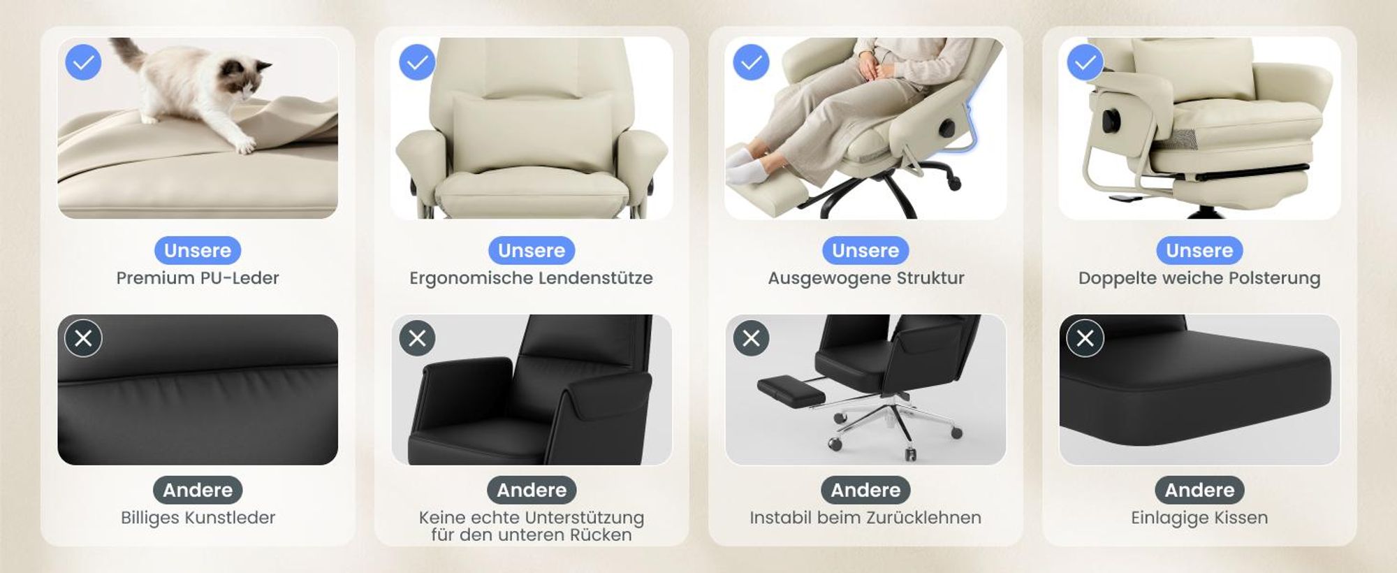 FLEXISPOT 3-in-1 Ergonomischer Bürostuhl mit 165° Liegefunktion, Ausziehbarer Fußstütze, Dickem Komfortpolster und Höhenverstellung (Beige)