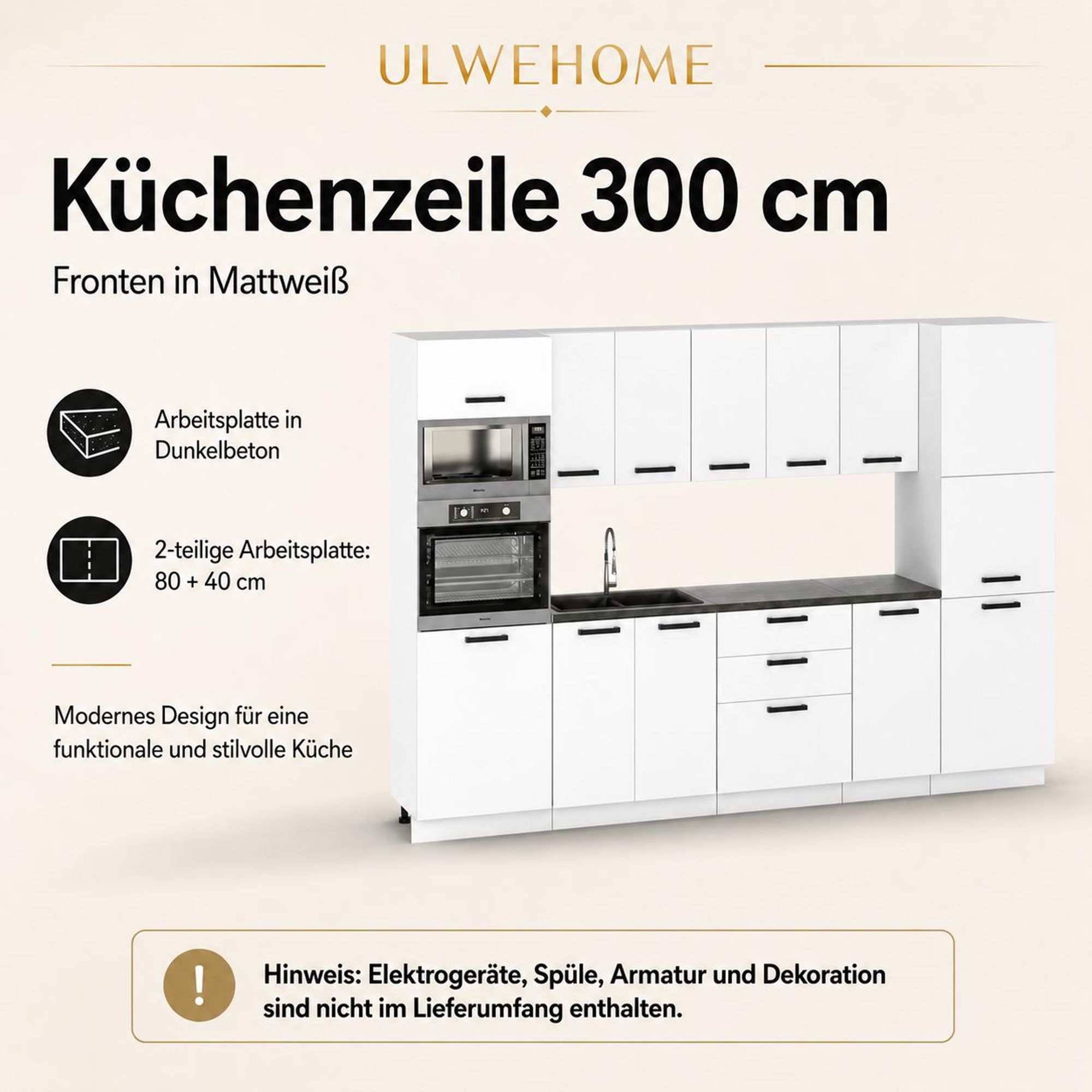 Küchenzeile 300 cm Weiß Matt mit Arbeitsplatte Beton Dunkel & Hochschrank