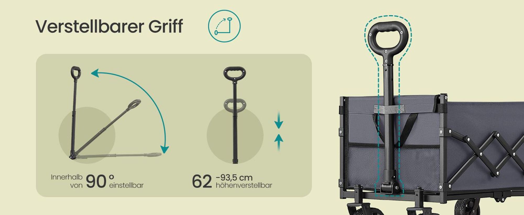 SONGMICS Faltbarer Bollerwagen, Transportwagen mit Griff, 4 verstärkte Rollen, 150 L, Outdoor, bis 150 kg, Garten, dunkelgrau