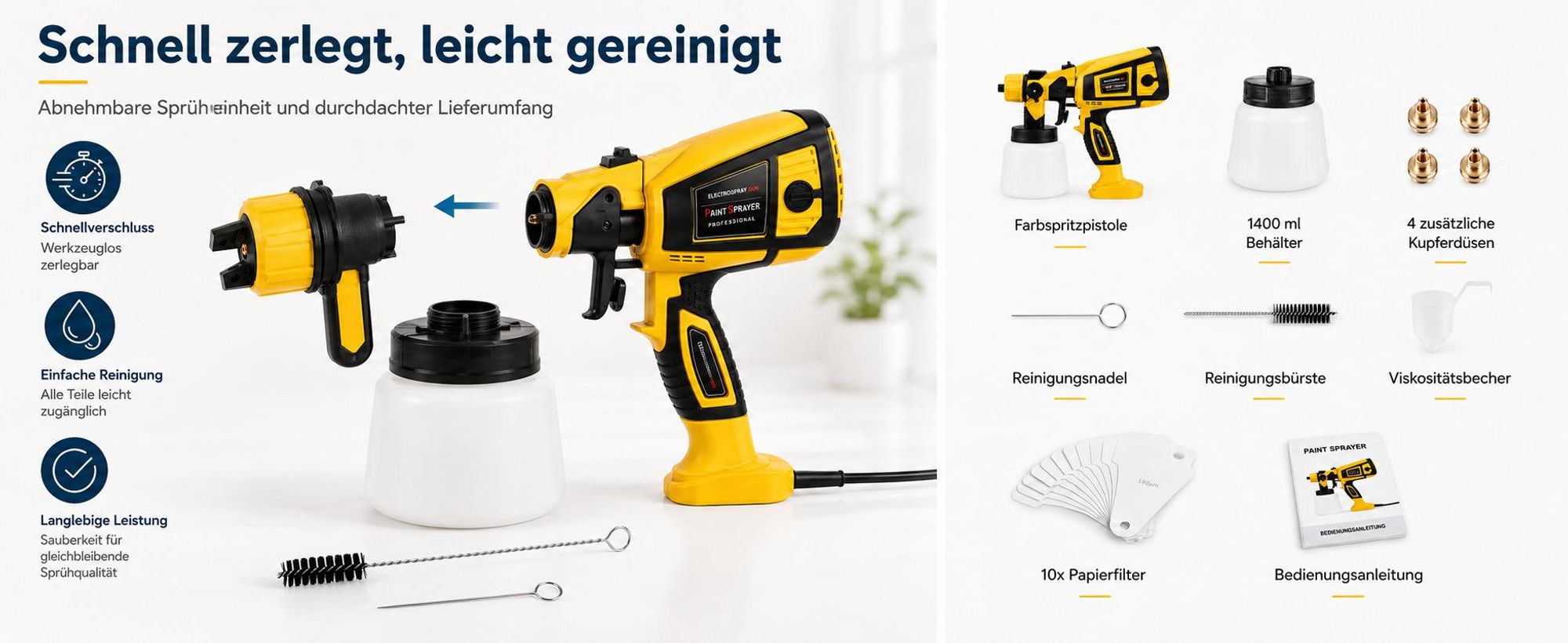 Farbsprühsystem Elektrisch Lackierpistole Farbsprühgerät 700W 1,4L 5 Kupferdüsen 3 Muster
