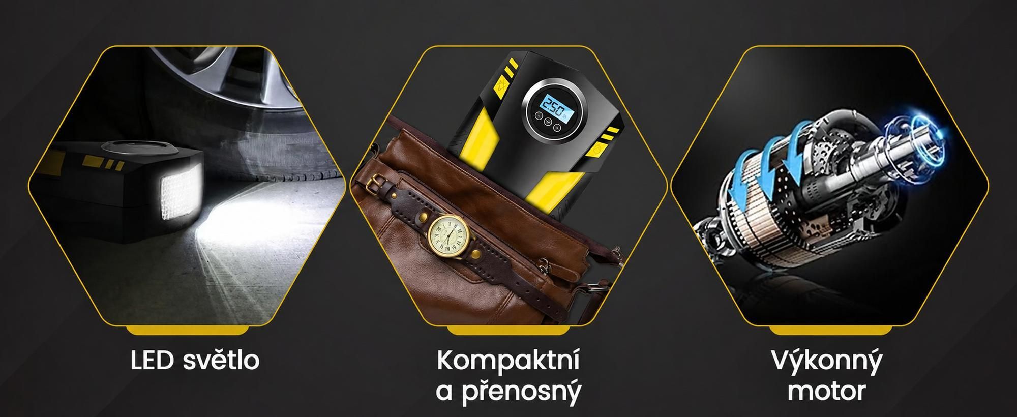Olvy Vzduchový kompresor pro pneumatiky automobilů 12V síť, 10,3 baru Elektrické vzduchové čerpadlo, digitální displej, LED světlo Mini kompresor pro automobilové kolo Koule 4 ventily