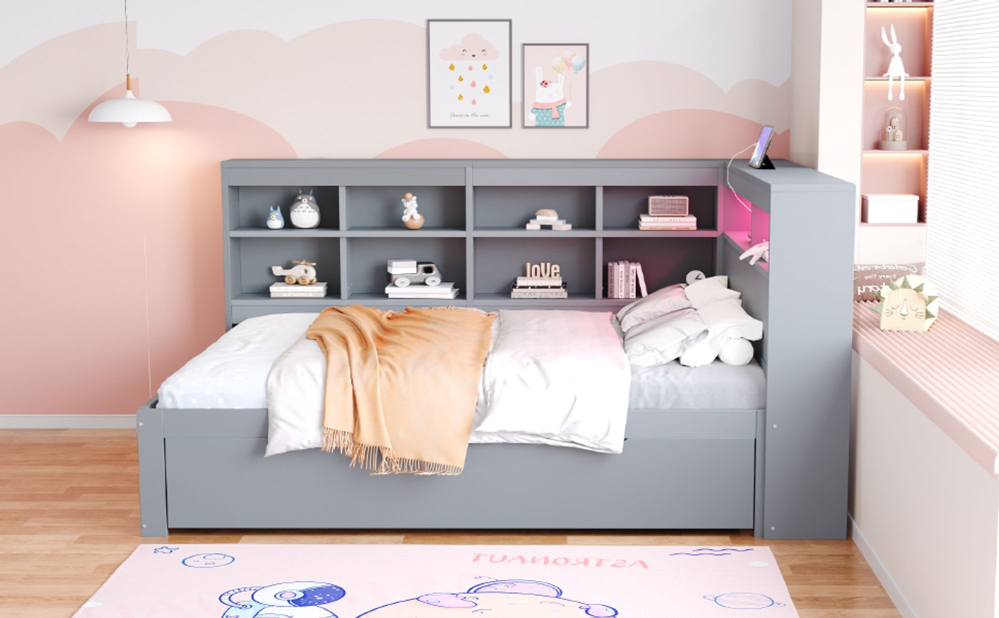 okwish Schlafsofa Daybett 140x200cm mit Lattenrost und großen Schubladen, Tagesbett Stauraumbett mit USB-Steckdose und LED-Lichtleiste,Einlegeböden und Ablagefächern(Ohne Matratze)- Grau