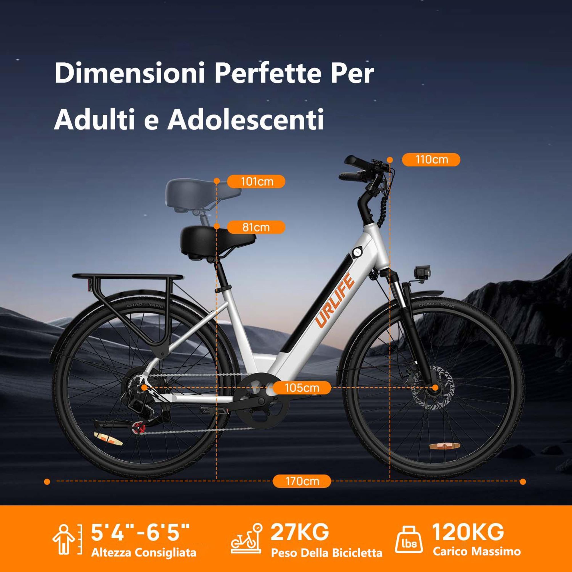 Bicicletta Elettrica URLIFE E26 - Motore 250W Batteria 36V 13Ah Pneumatici da 26 Pollici Freni a Disco - Bianco