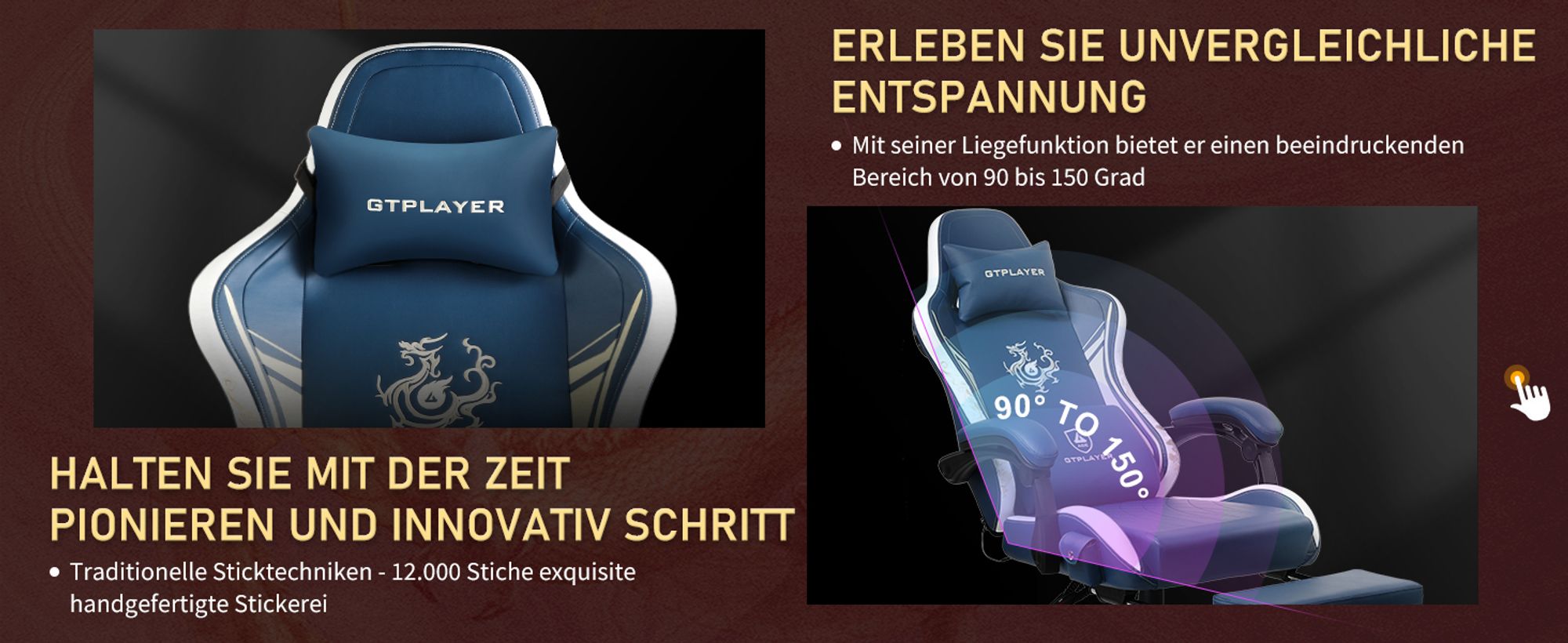 GTPLAYER Gaming Stuhl Gamer Stuhl mit Bluetooth-Lautsprechern und Fußstütze, Dragon Series Bürostuhl, Ergonomischer Drehsessel, Computerstuhl blau
