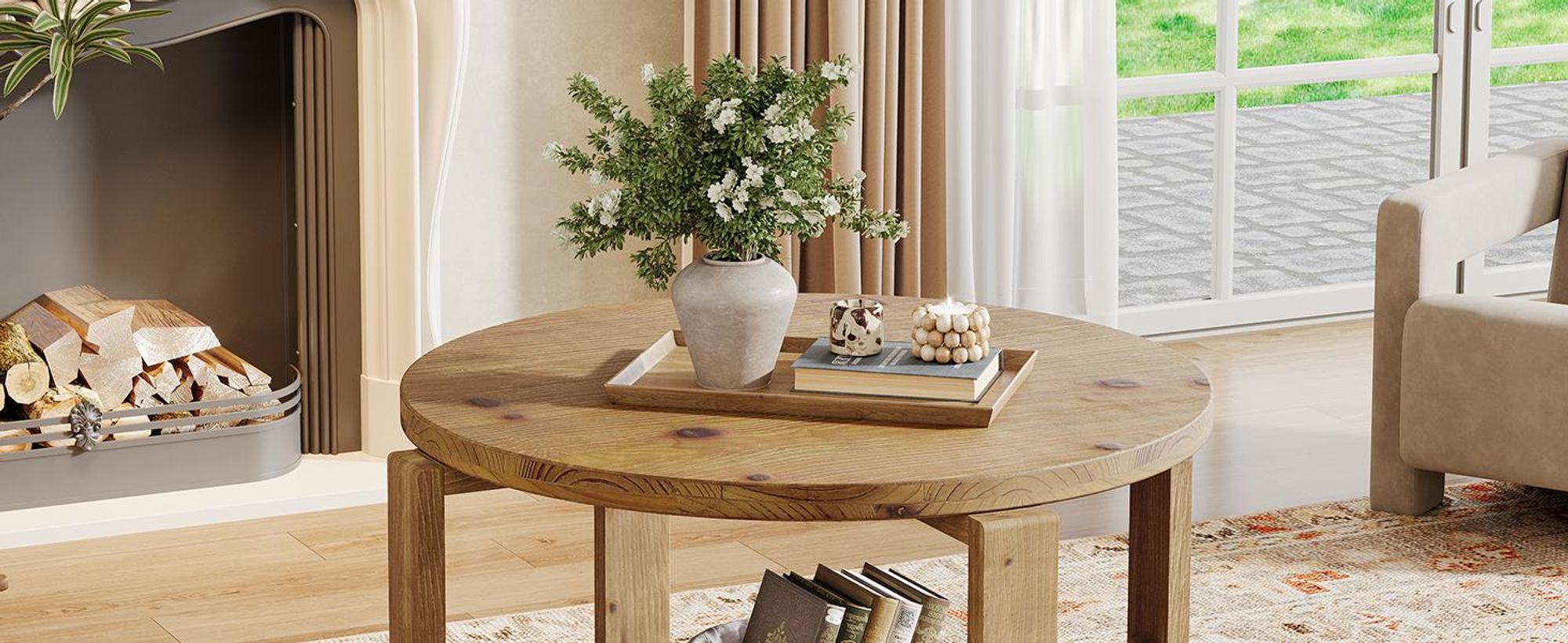 Tribesigns Runder Couchtisch Massivholz, 80 cm, zwei Ablageflächen, das Wohnzimmer, im Landhausstil, braunes Massivholz mit natürlicher Maserung