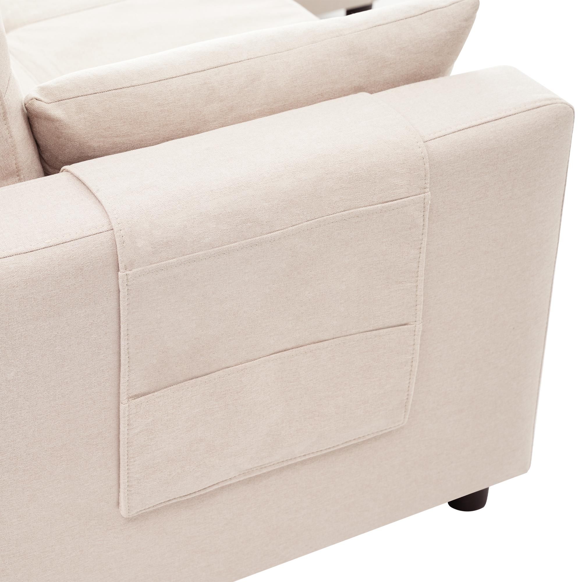 Merax Ecksofa, L-Form Couch Schlafsofa mit Schlaffunktion, Bettkasten, Kissen, Seitentaschen, herunterziehbarem Getränkehalter, Linen Bettsofa, Beige