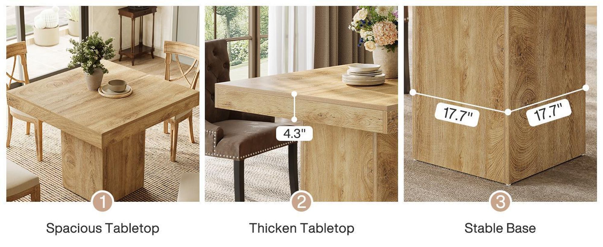 Tavolo da pranzo Tribesigns per 4 persone, 100*100 cm tavolo da pranzo in stile rustico per piccole cucine con robusta base a colonna per cucina, sala da pranzo, natura