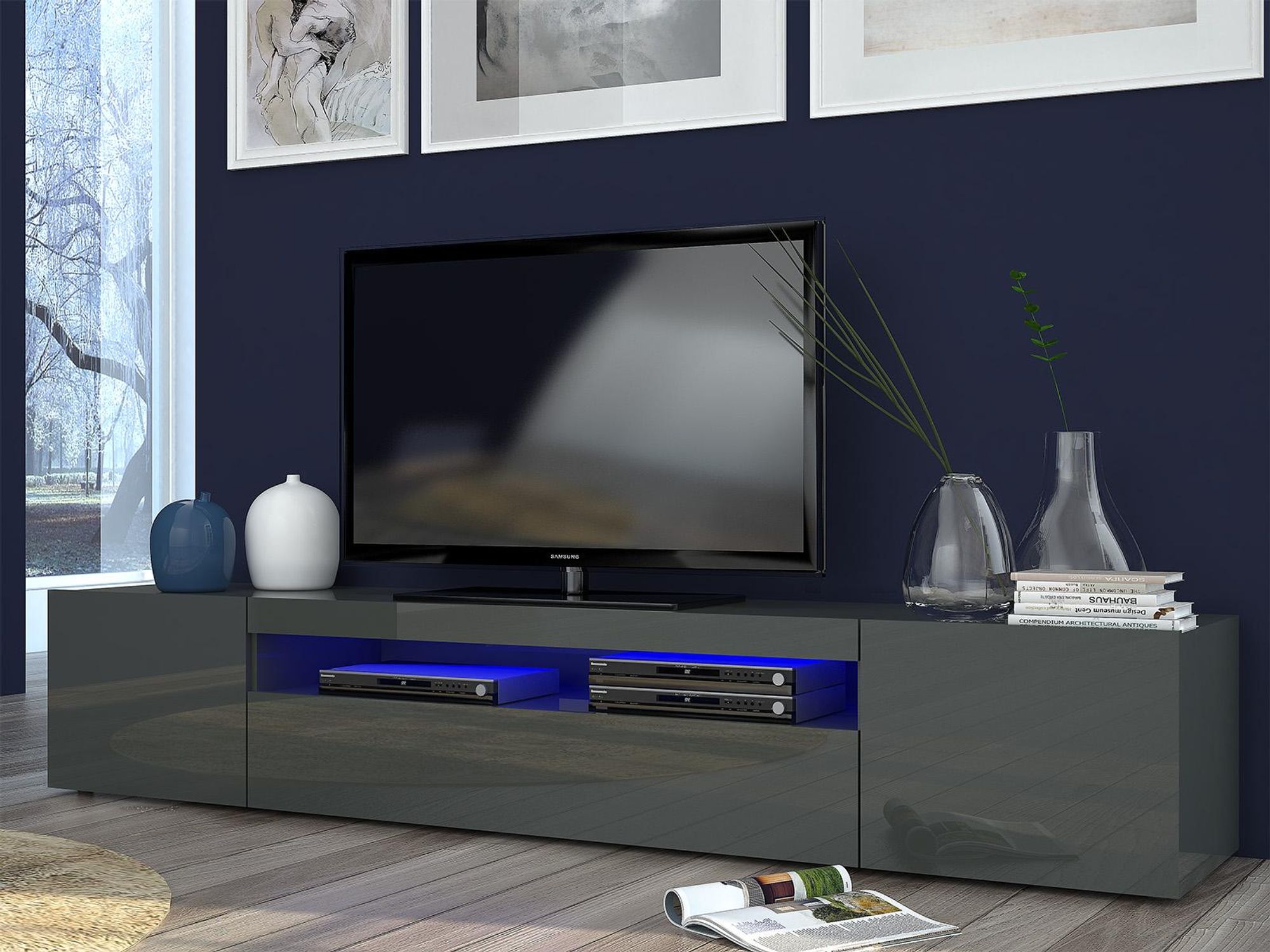 möbelando Daiquiri TV-Lowboard – Modernes Sideboard in Anthrazit-Hochglanz mit Gerätefach
