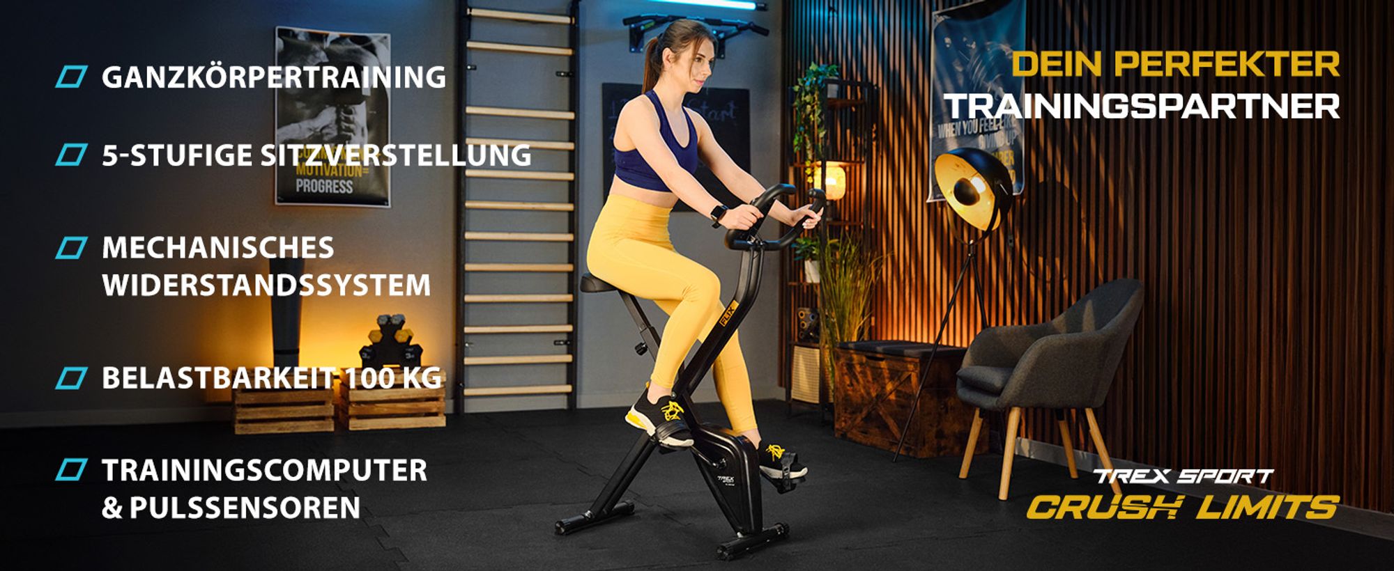 TREX SPORT Heimtrainer Fahrrad klappbar TX-320XB FLIX | Fitnessbike Pulssensoren, 5 Sitzhöhen, 100 kg belastbar, kompakt