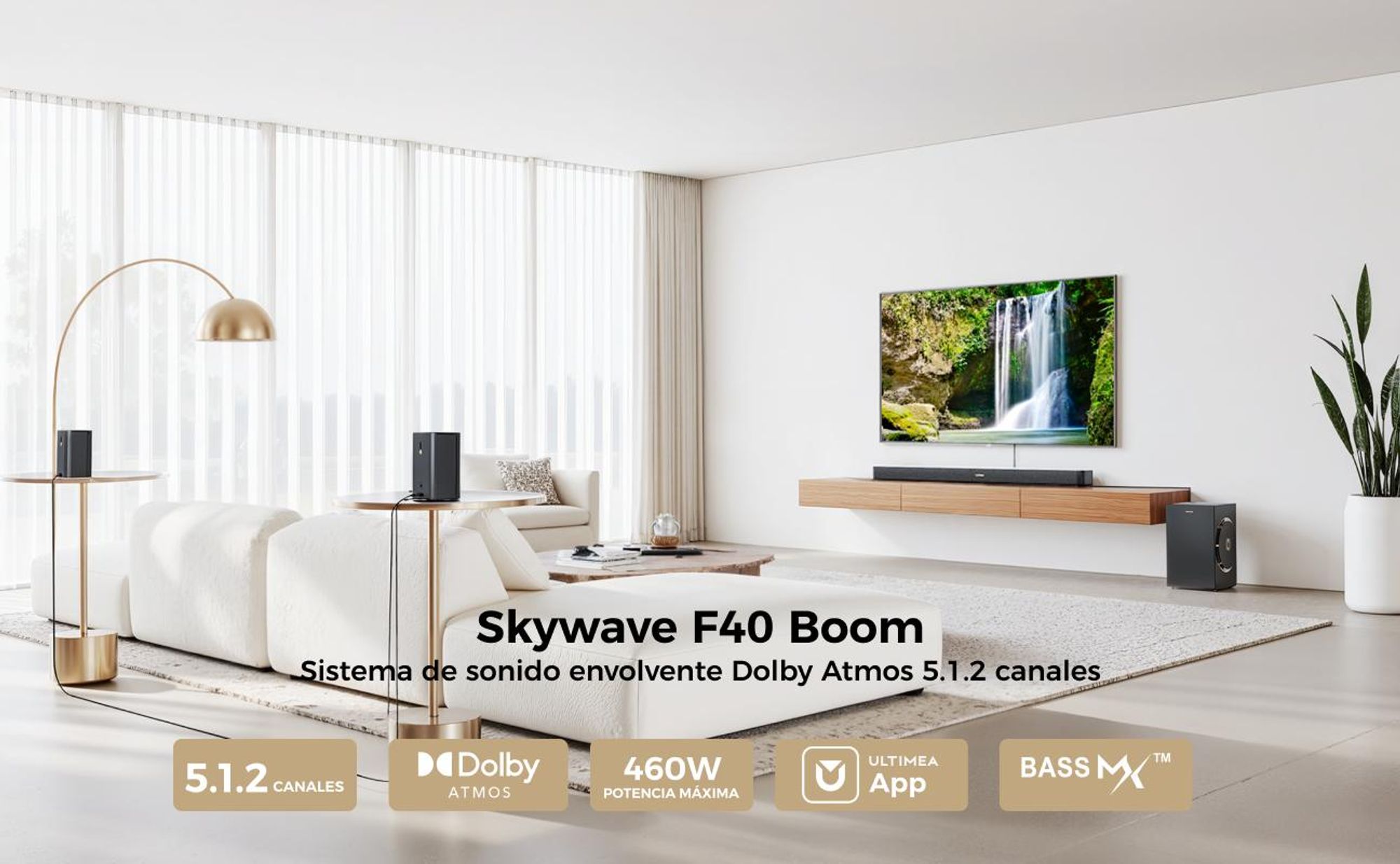 Barra de sonido ULTIMEA Skywave F40 Boom con Dolby Atmos, audio envolvente 360° SurroundX con canales superiores, 460W