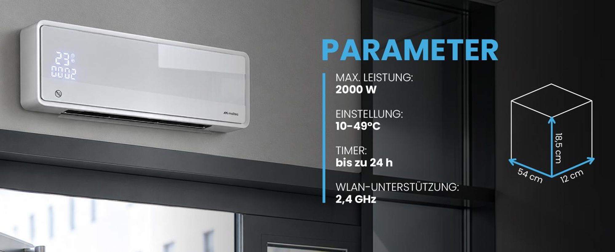 MalTec Luftschleier Wandheizlüfter mit Fernbedienung Heizkörper Energieeffizient Timer 2000 W Weiss