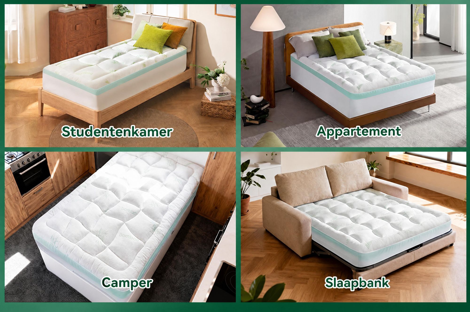 NicePlus 2-in-1 Topper, 90x200x7 cm, traagschuim met 5 zones + bamboe tijk, met hoekelastieken geschikt voor alle matrassen, H2/H3, groen