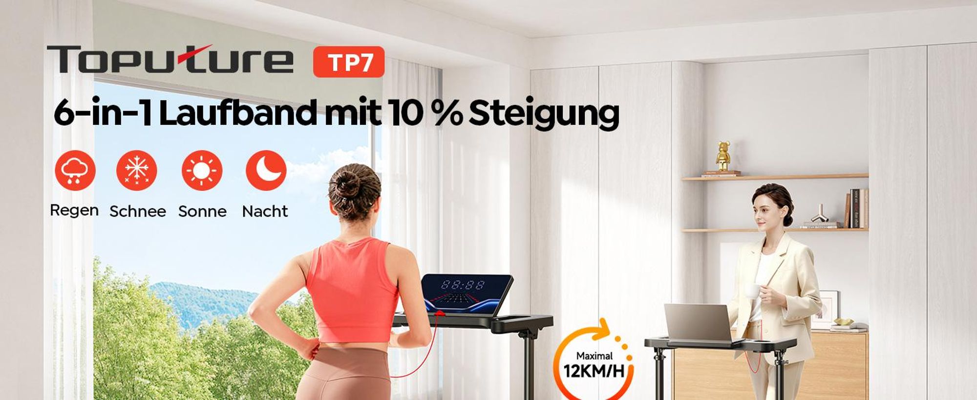 Laufband für Zuhause 12km/h, 6 IN 1 Elektrisches Laufband mit 10% Steigung, 1080MM Einziehbares Steigrohr, 360° Tablet Holder, Controllo App, TP7