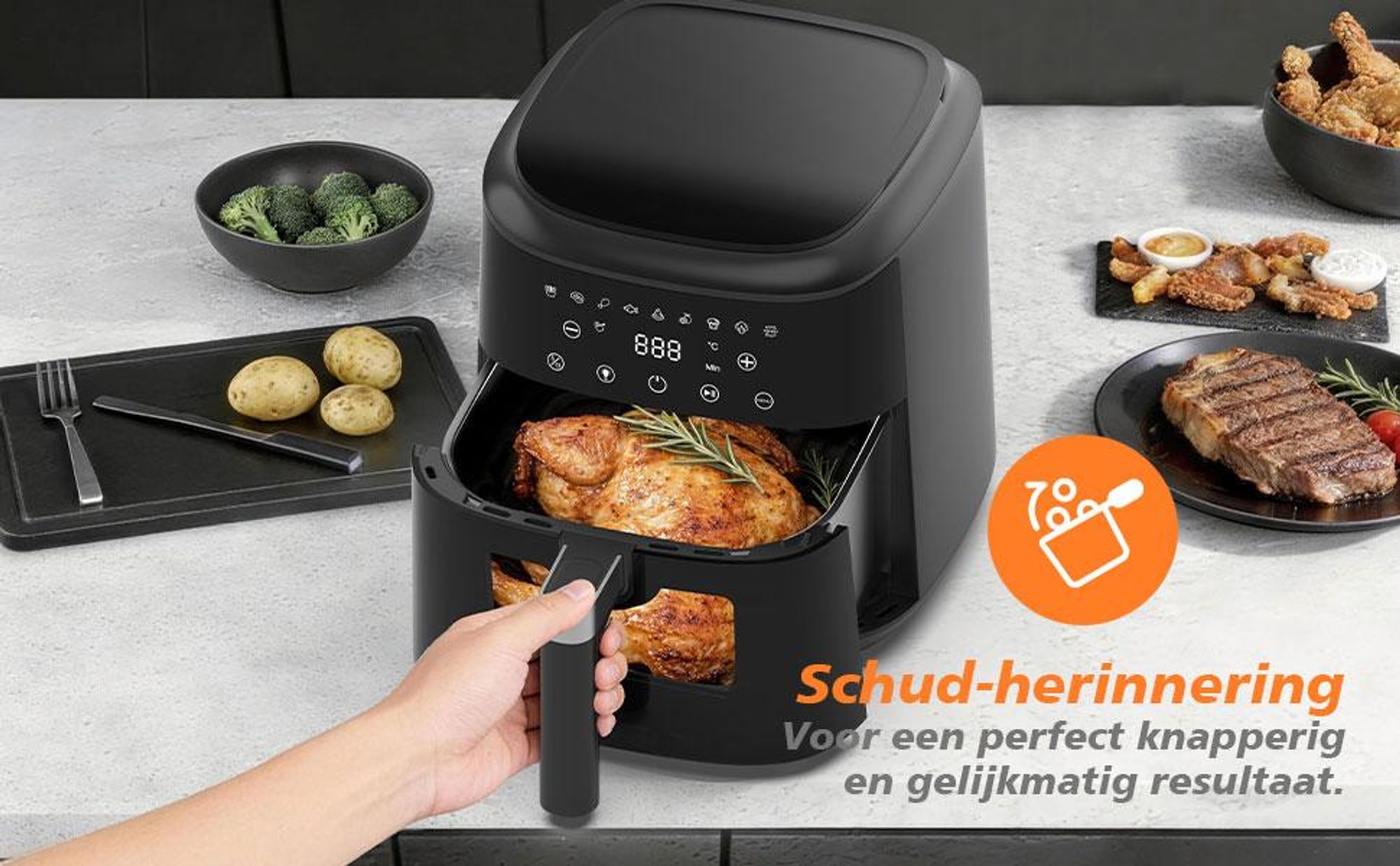 Heteluchtfriteuse 6L Airfryer, 9 programma's, 40–200 °C, warmhoudfunctie, kijkvenster, antiaanbaklaag, 1650 W, Zwart