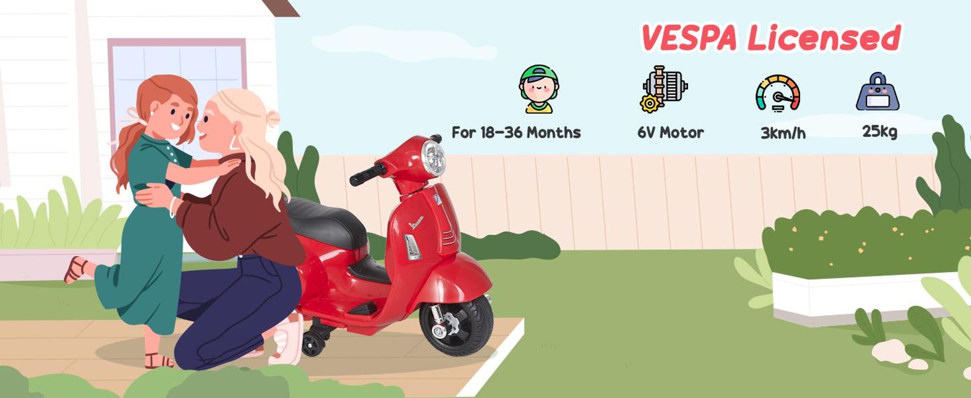 HOMCOM VESPA – elektryczny motocykl dla dzieci, pojazdy elektryczne dla dzieci w wieku od 3 do 6 lat, kolor czerwony