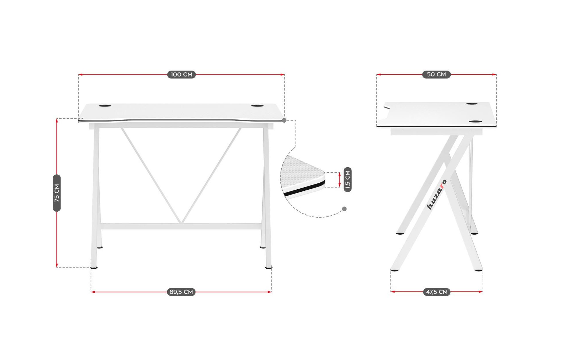 Huzaro Hero 1.4 | Computertisch Gamingtisch Schreibtisch Bürotisch | 100 x 50 cm | Kabeldurchführung | Stahlkonstruktion Carbon Tischplatte | Weiß