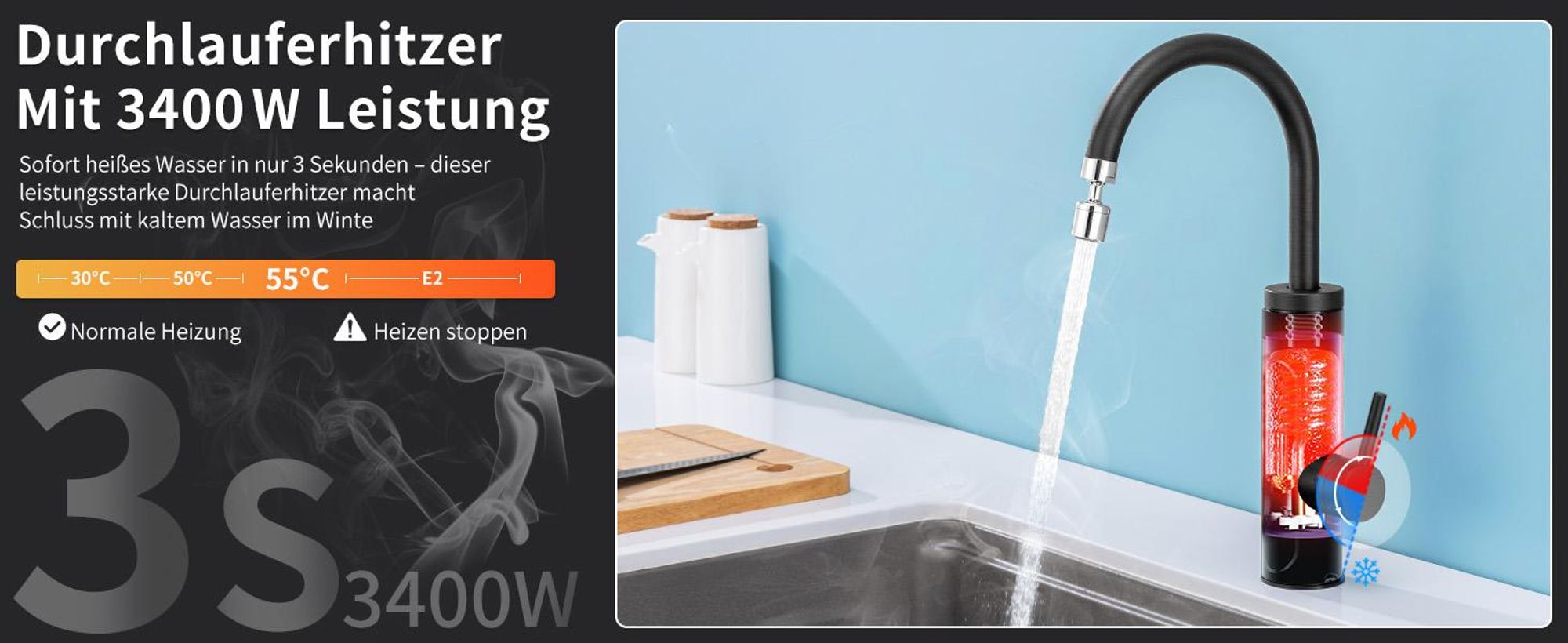 Elektrische Küchenarmatur mit Durchlauferhitzer,  Schwarz Wasserhahn Küche mit LED Temperaturanzeige，Smart Heater Wasserhahn 360° drehbar