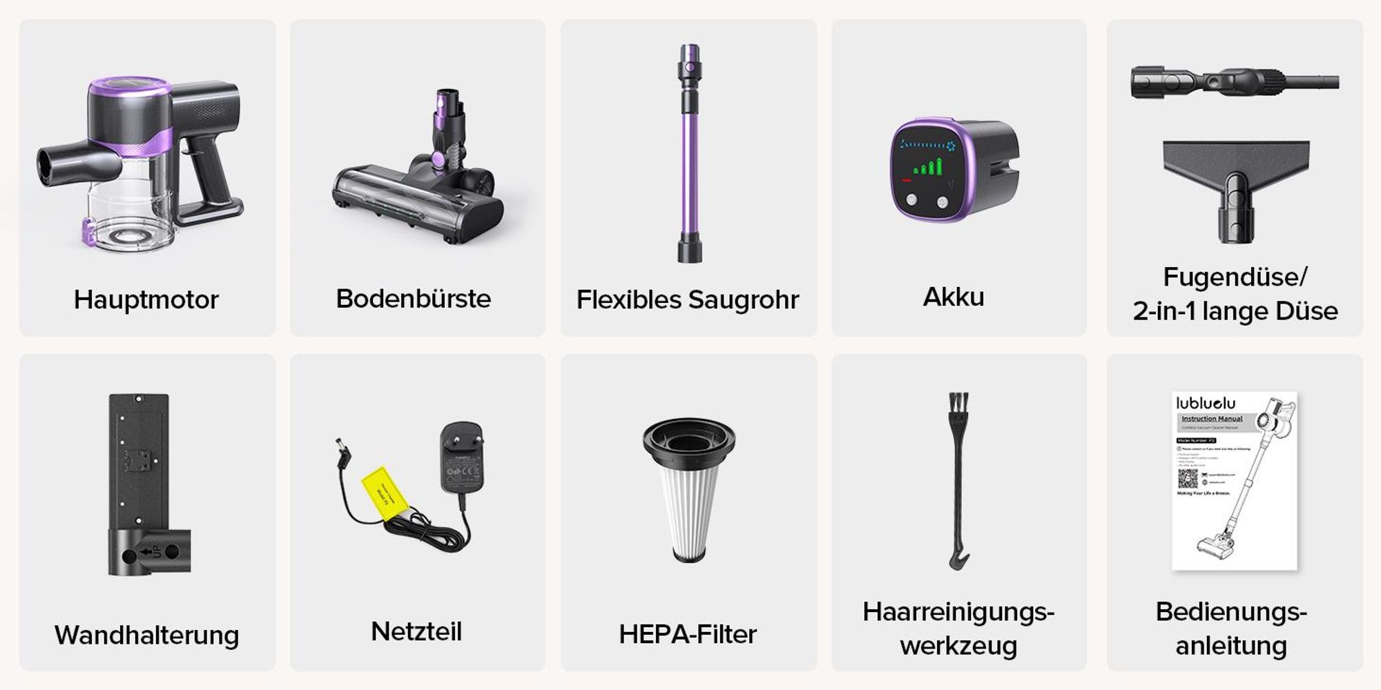 Lubluelu P2 75000 Pa Akku-Staubsauger Saugleistung, Anti-Haar-Verwicklungsbürste, Grüne Beleuchtung, Freistehend, Teppiche & Hartböden