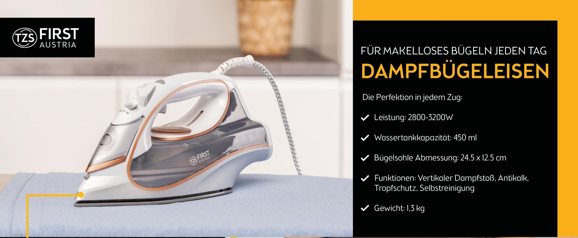 TZS First Austria - Dampfbügeleisen 3200 W - Keramiksohle - 42 Düsen, 27g/min Dampf - Vertikaldampf, Anti-Kalk & 450ml Wassertank - Weiß