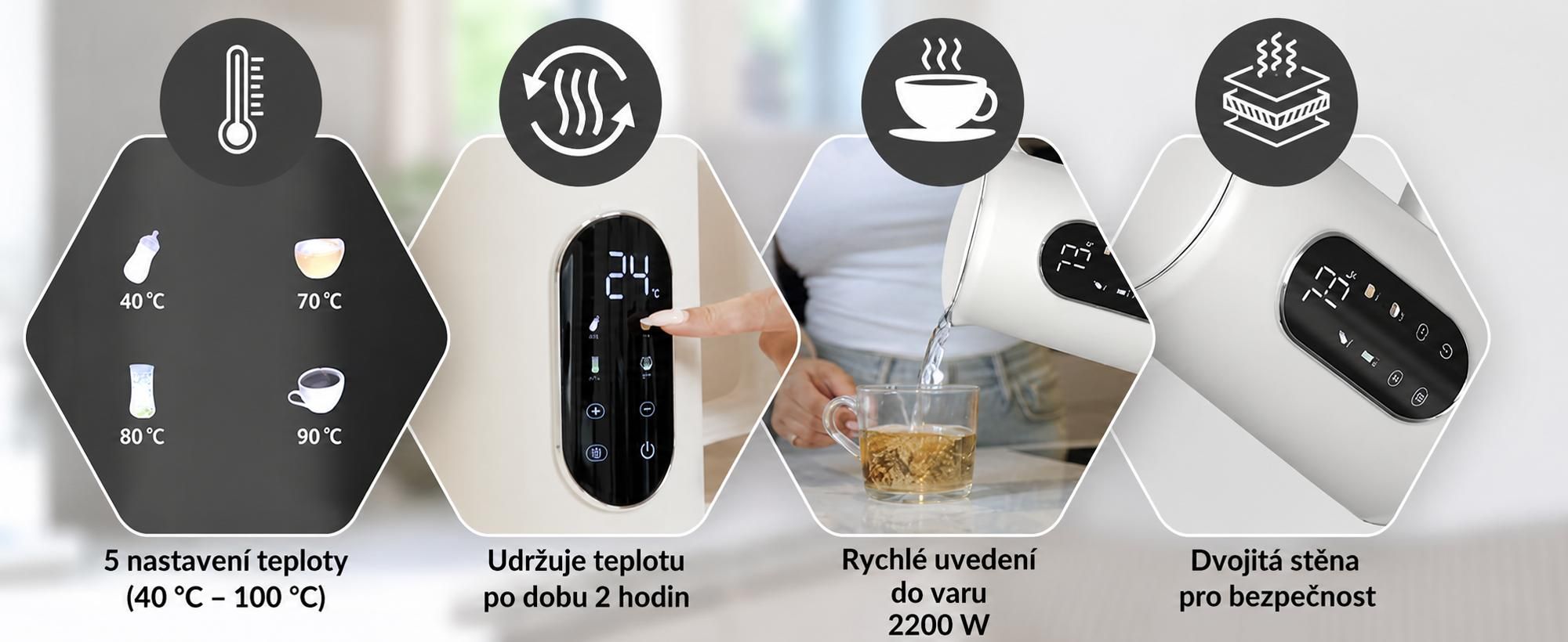 Rychlovarná konvice Olvy, krémová, nastavitelná teplota, 1,7 l – LCD displej, 2200 W, bez BPA, funkce udržování teploty, filtr na vodní kámen, volba teploty 40–100 °C, nerezová ocel