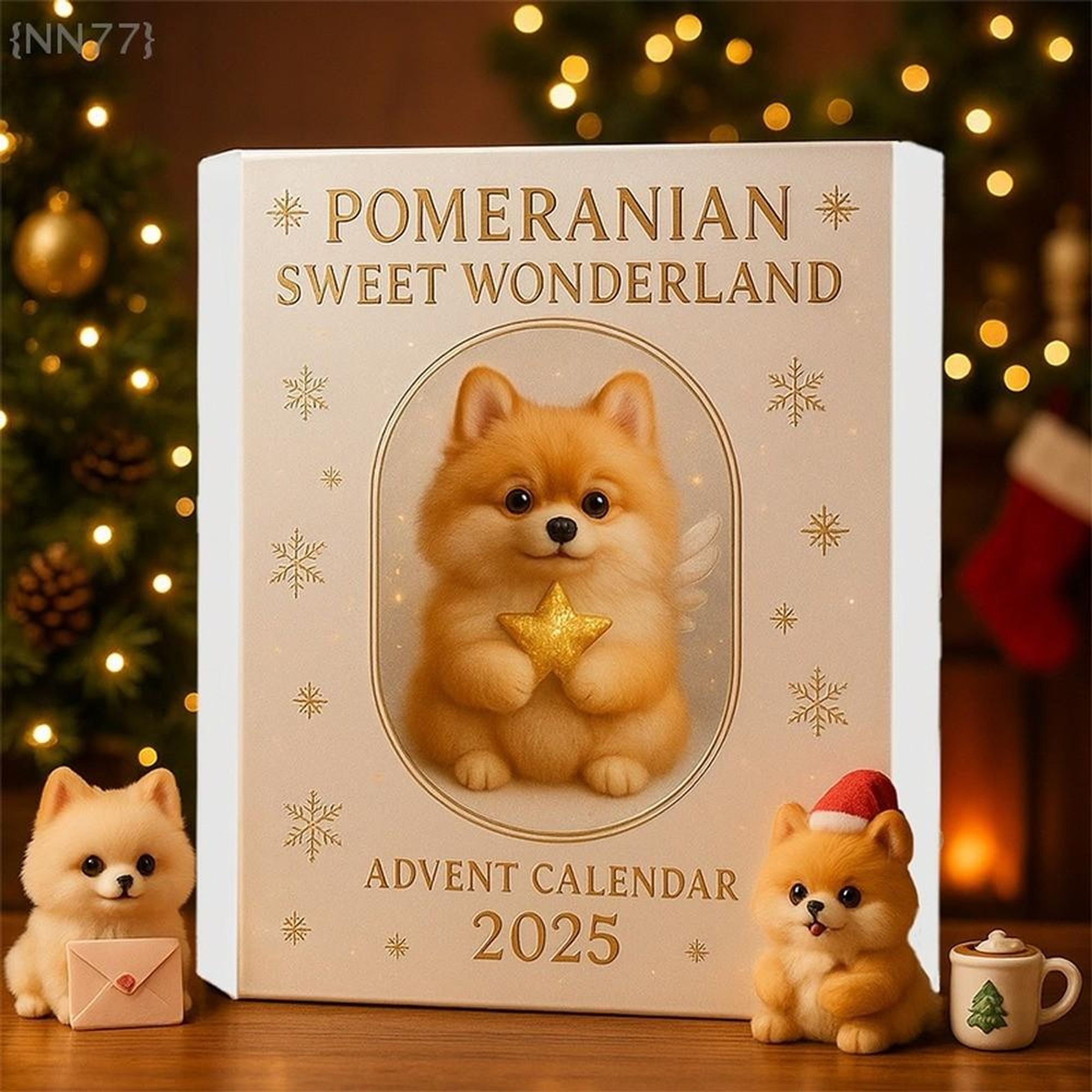 Pomeranian Adventskalenderbox mit zwei Hundefiguren neben Weihnachtsbaum