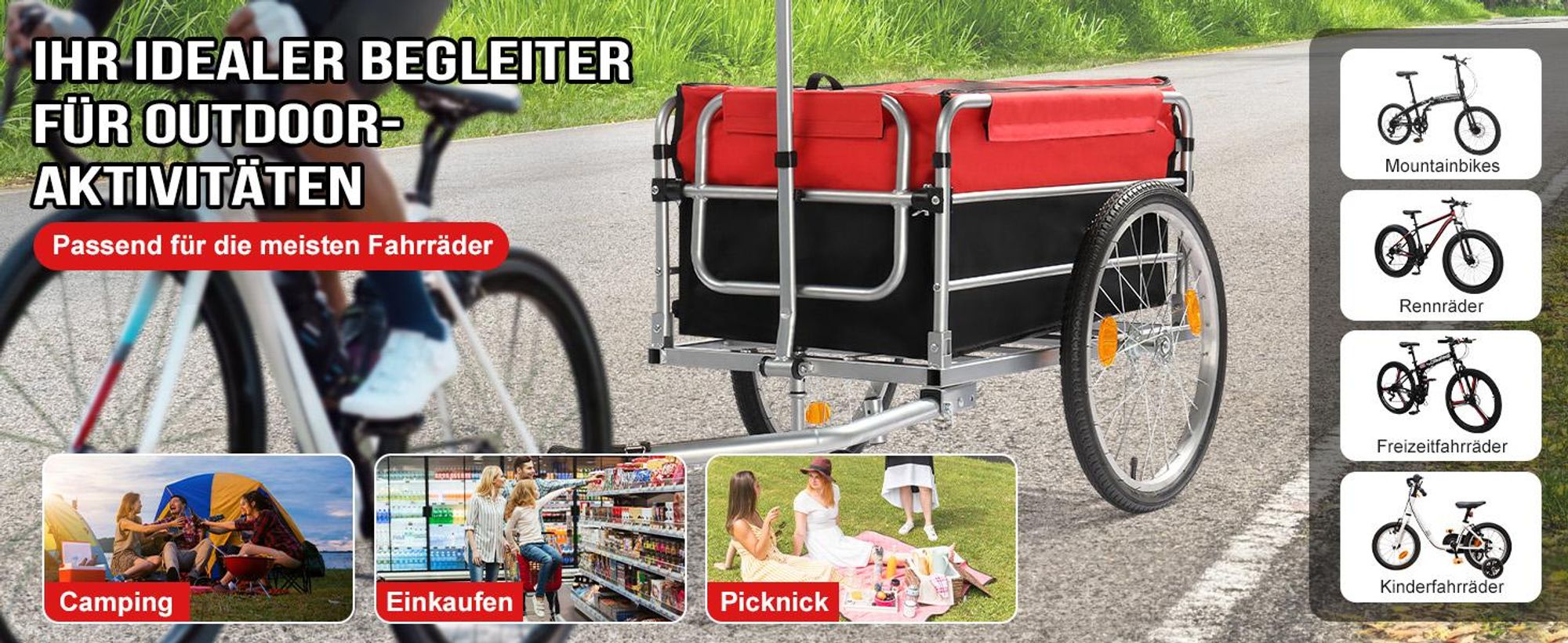 FCH Fahrradanhänger Fahrrad Lastenanhänger 93 x 75 x 58cm mit Transportkiste,Transportanhänger Handwagen Anhänger für Fahrrad