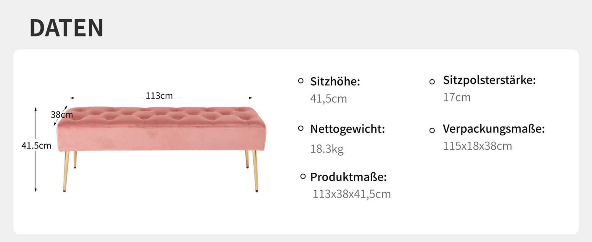 Duhome Sitzbank Polsterbank mit Knöpfen, Schuhbank aus Samt, rechteckig Bettbank mit Metallbeine, Rosa