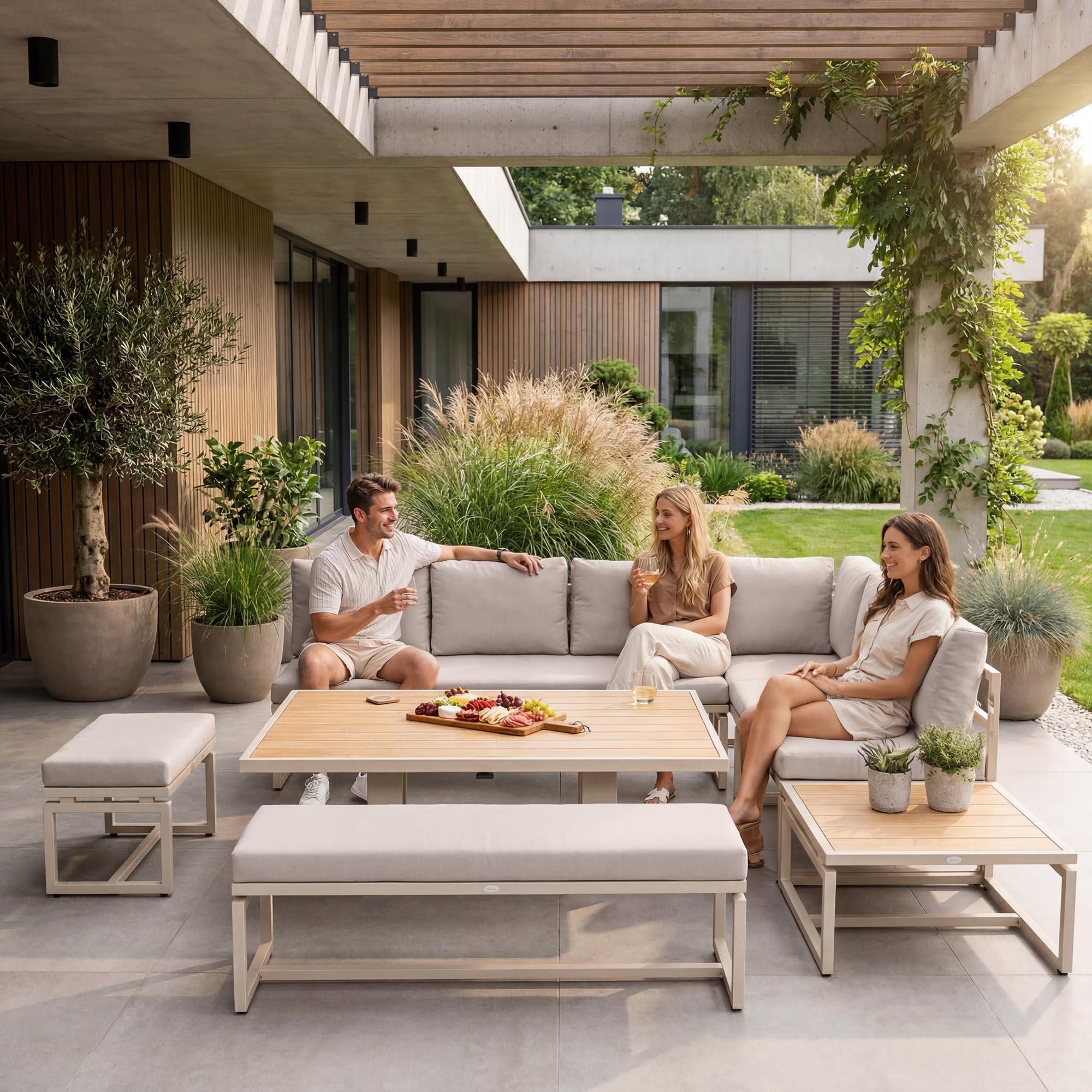 di volio Gartenmöbel Set MERUZO, Sitzgruppe Outdoor mit höhenverstellbarem Tisch, Gartengarnitur 6-teilig mit Sofa, Ecksofa und Bank, wetterfest, Beige