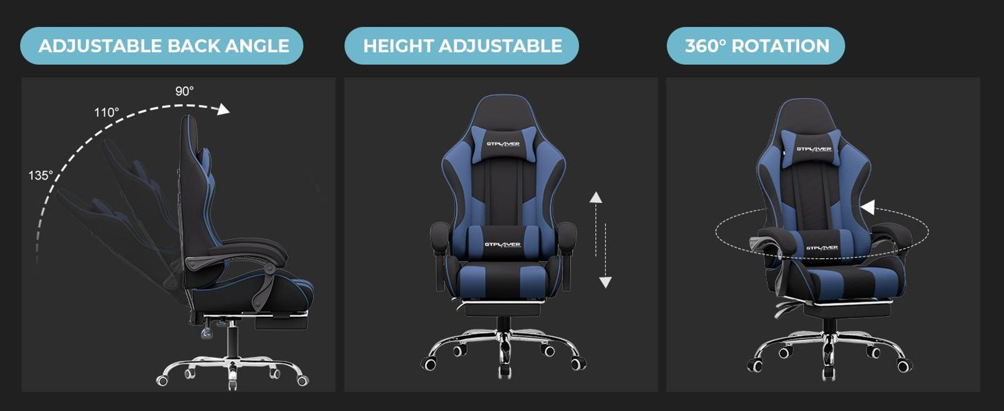 GTPLAYER Fotel biurowy Fotel do gier Fotel do gier z tkaniny Ergonomiczny fotel do gier z podnóżkiem, zagłówkiem i poduszką lędźwiową, wyściełany fotel do gier, NIEBIESKI